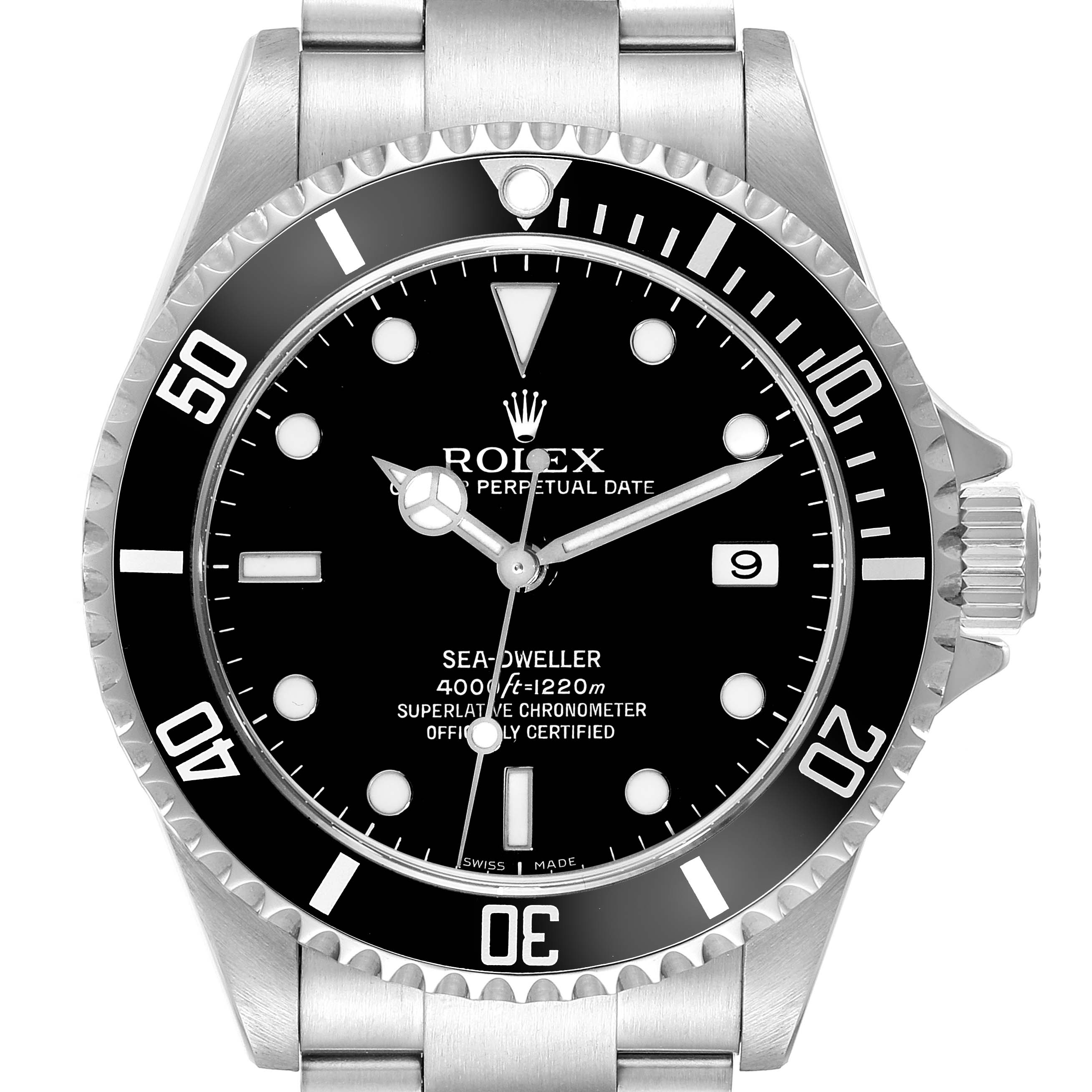 This image shows a frontal view of a Rolex Sea-Dweller 16600 Men
s Stainless Steel Black Dial 16600 Men
s Stainless Steel Black Dial watch, displaying the dial, bezel, hands, crown, and bracelet.
