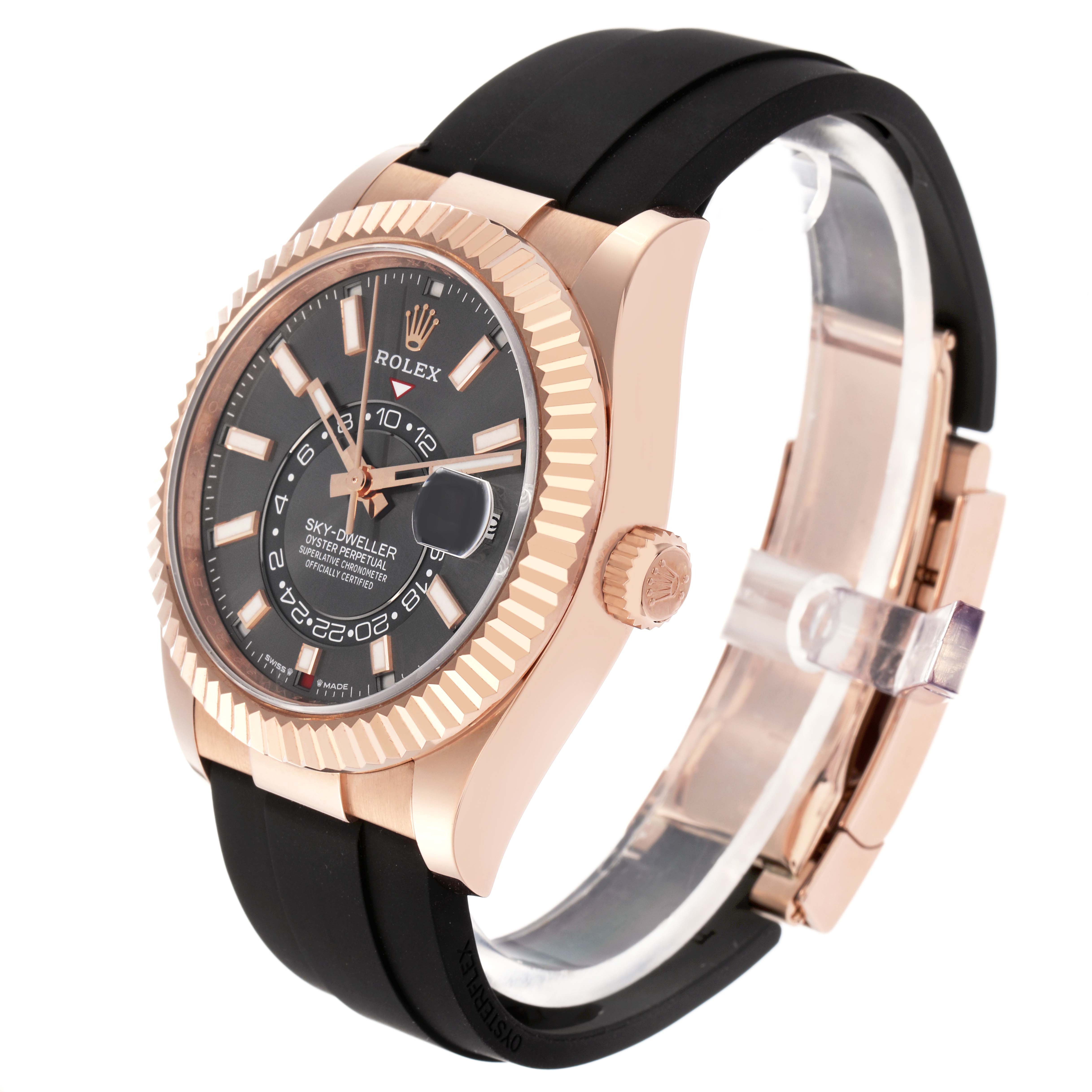 The Rolex Sky-Dweller 336235 Men
s Rose Gold Grey Dial 336235 Men
s Rose Gold Grey Dial is shown at a three-quarter angle, displaying the watch face, bezel, crown, and part of the bracelet.