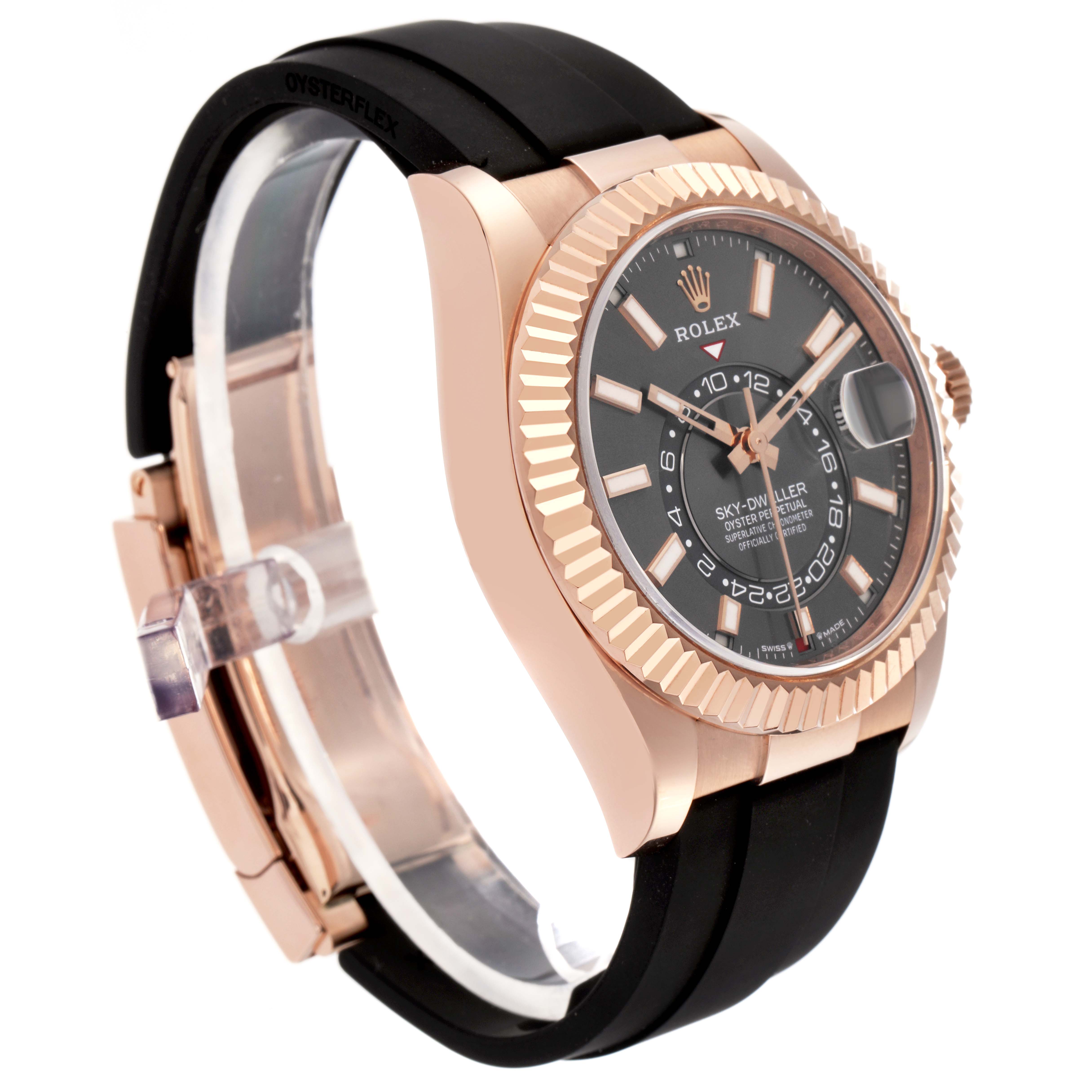 The Rolex Sky-Dweller 336235 Men
s Rose Gold Grey Dial 336235 Men
s Rose Gold Grey Dial is shown at a three-quarter angle, highlighting its rose gold case, black dial, bezel, and Oysterflex bracelet.