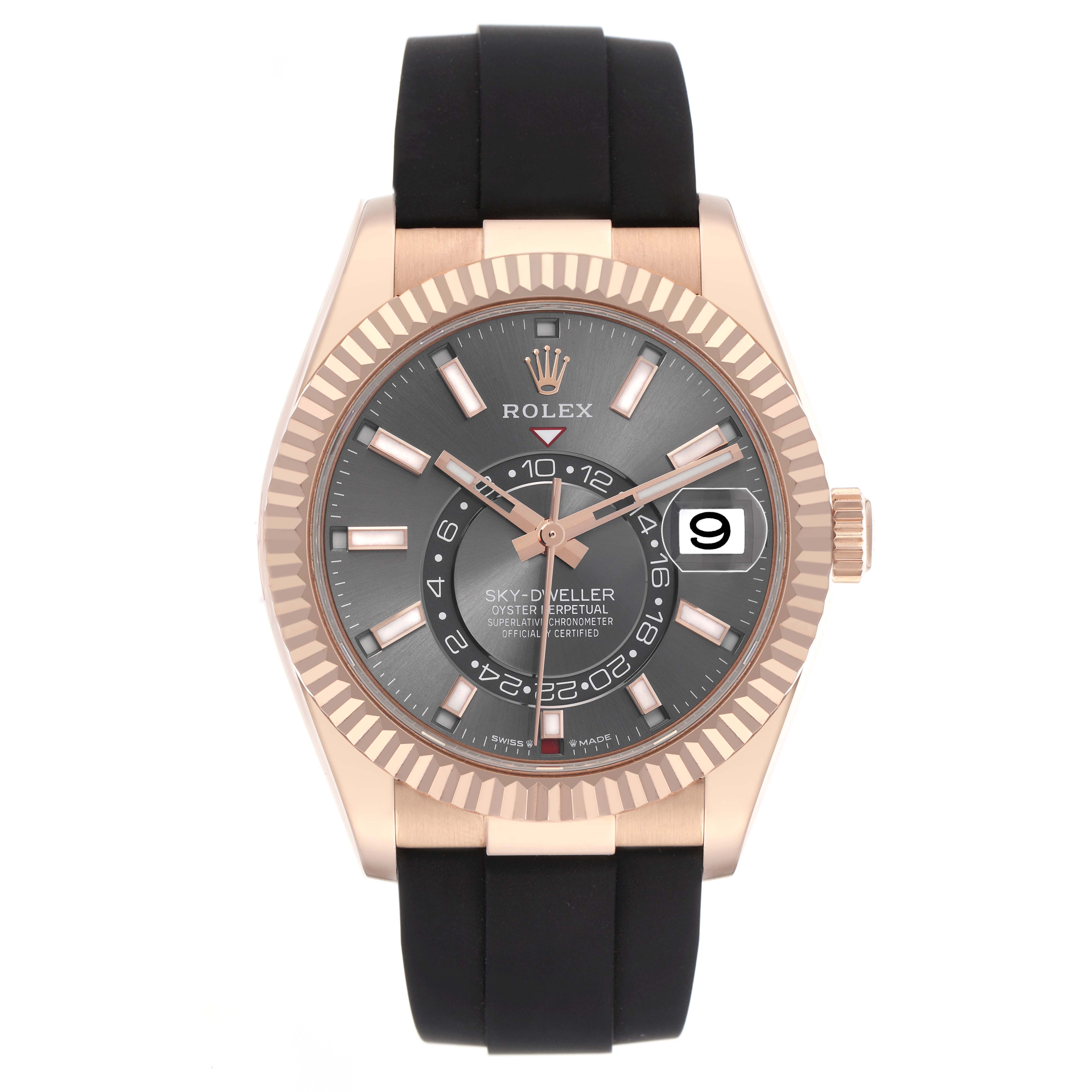 The Rolex Sky-Dweller 336235 Men
s Rose Gold Grey Dial 336235 Men
s Rose Gold Grey Dial watch is shown from a frontal angle, displaying its bezel, dial, hands, and strap.