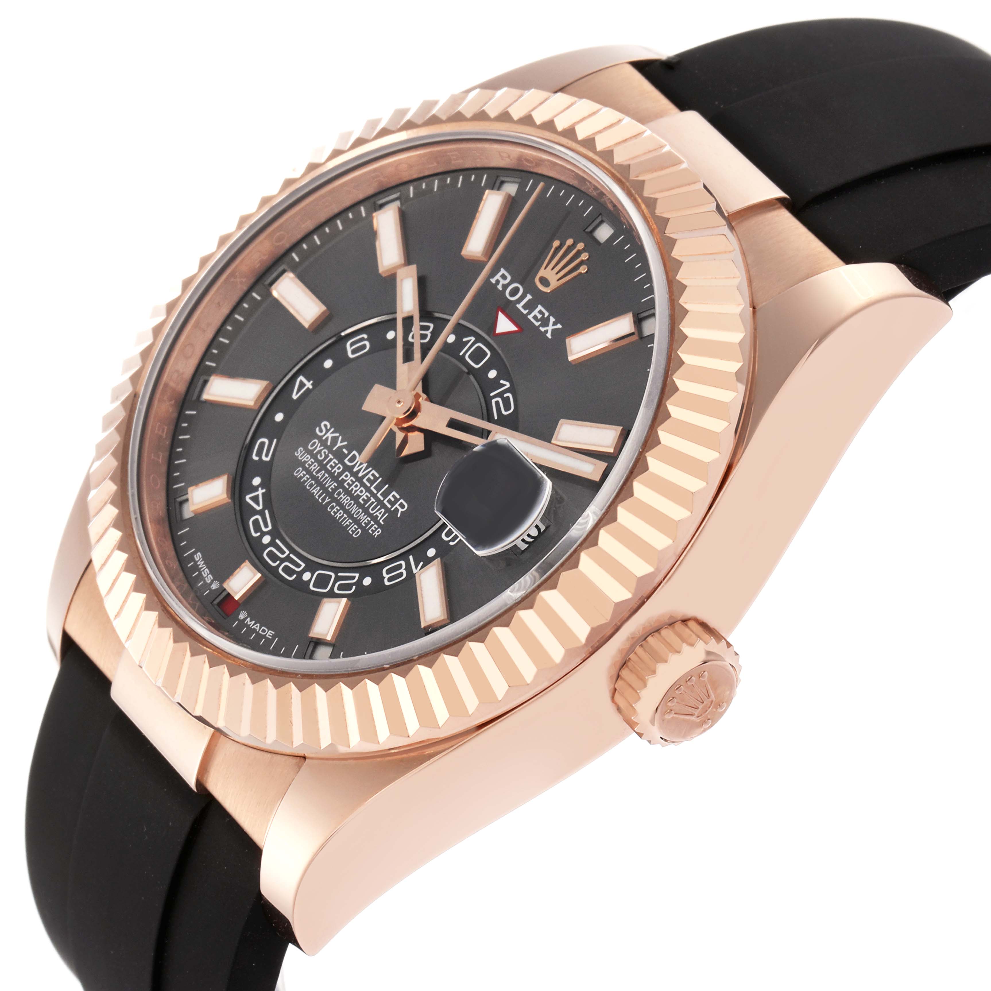 The Rolex Sky-Dweller 336235 Men
s Rose Gold Grey Dial 336235 Men
s Rose Gold Grey Dial watch is shown at a three-quarter angle, highlighting its bezel, crown, and black strap.