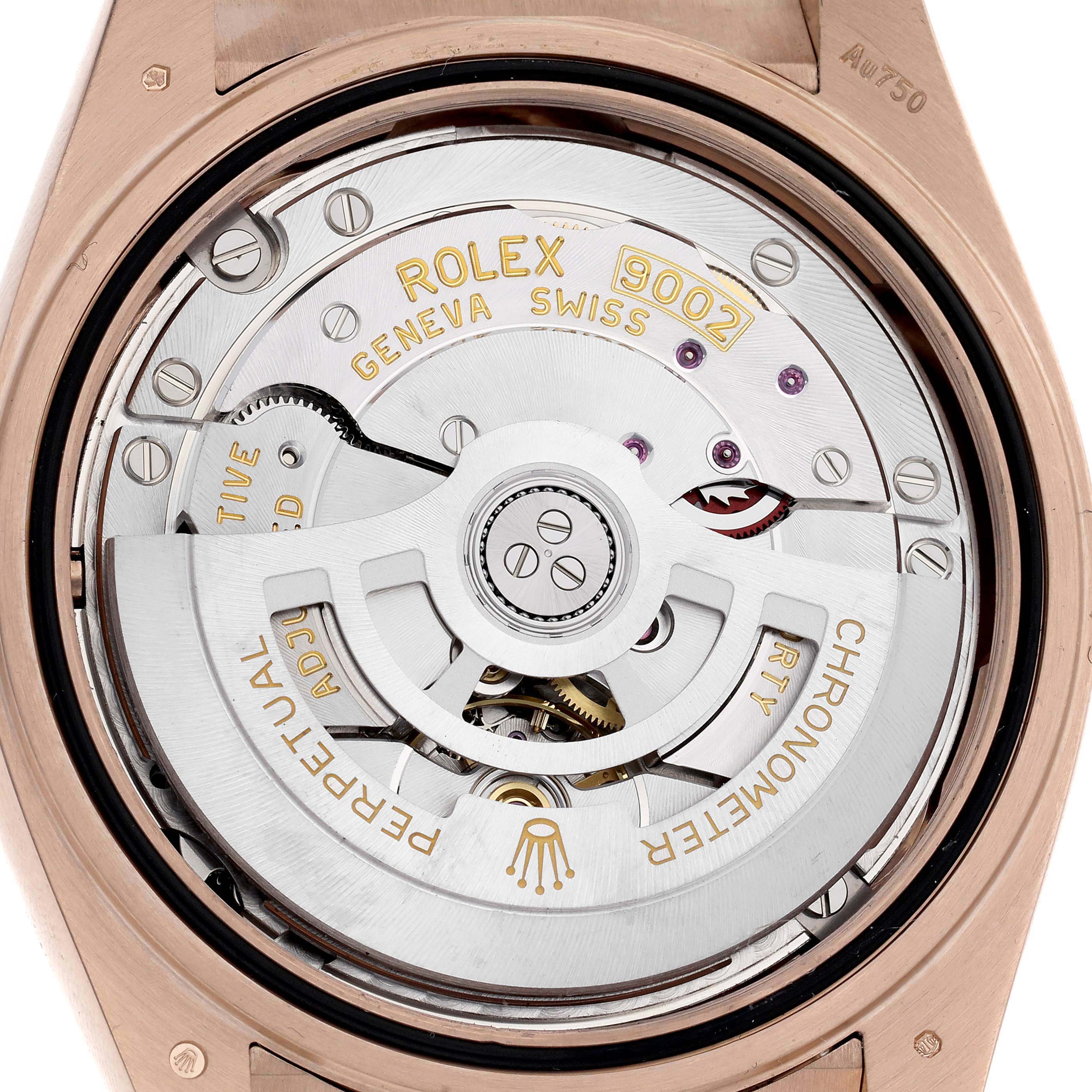 The image shows the back view of a Rolex Sky-Dweller 336235 Men
s Rose Gold Grey Dial 336235 Men
s Rose Gold Grey Dial watch, highlighting its movement and rotor mechanism.