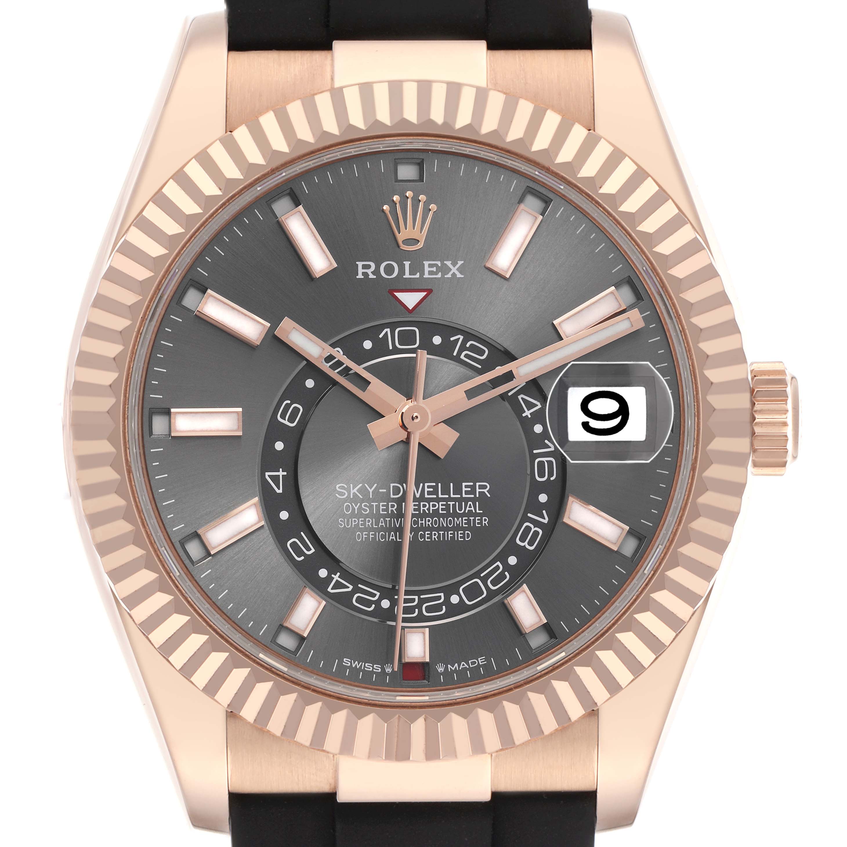 The Rolex Sky-Dweller 336235 Men
s Rose Gold Grey Dial 336235 Men
s Rose Gold Grey Dial watch is shown from a front angle, featuring the bezel, dial, hands, and date window.
