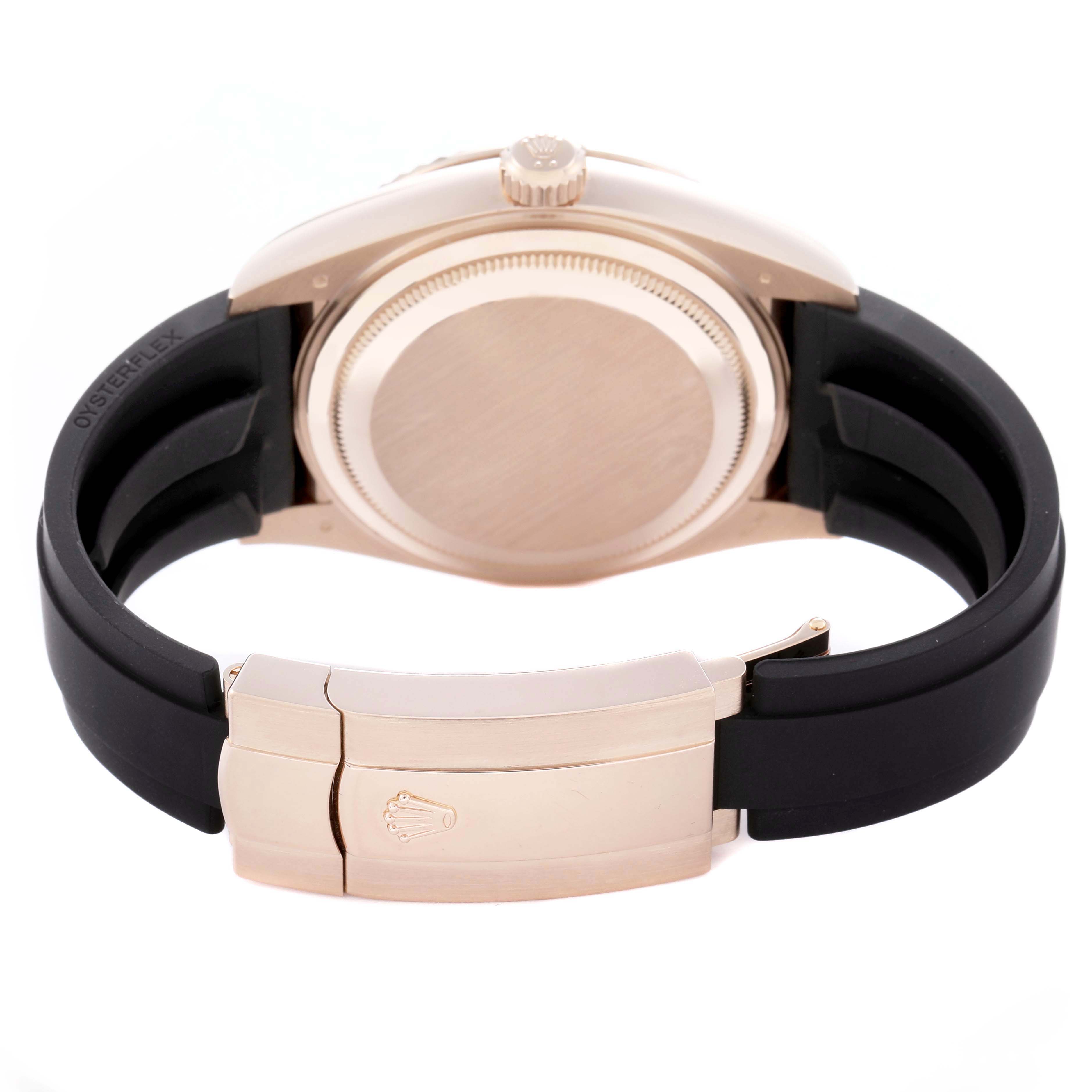 The Rolex Sky-Dweller 336235 Men
s Rose Gold Grey Dial 336235 Men
s Rose Gold Grey Dial is shown from the back, displaying the case back, crown, and Oysterflex bracelet with clasp.