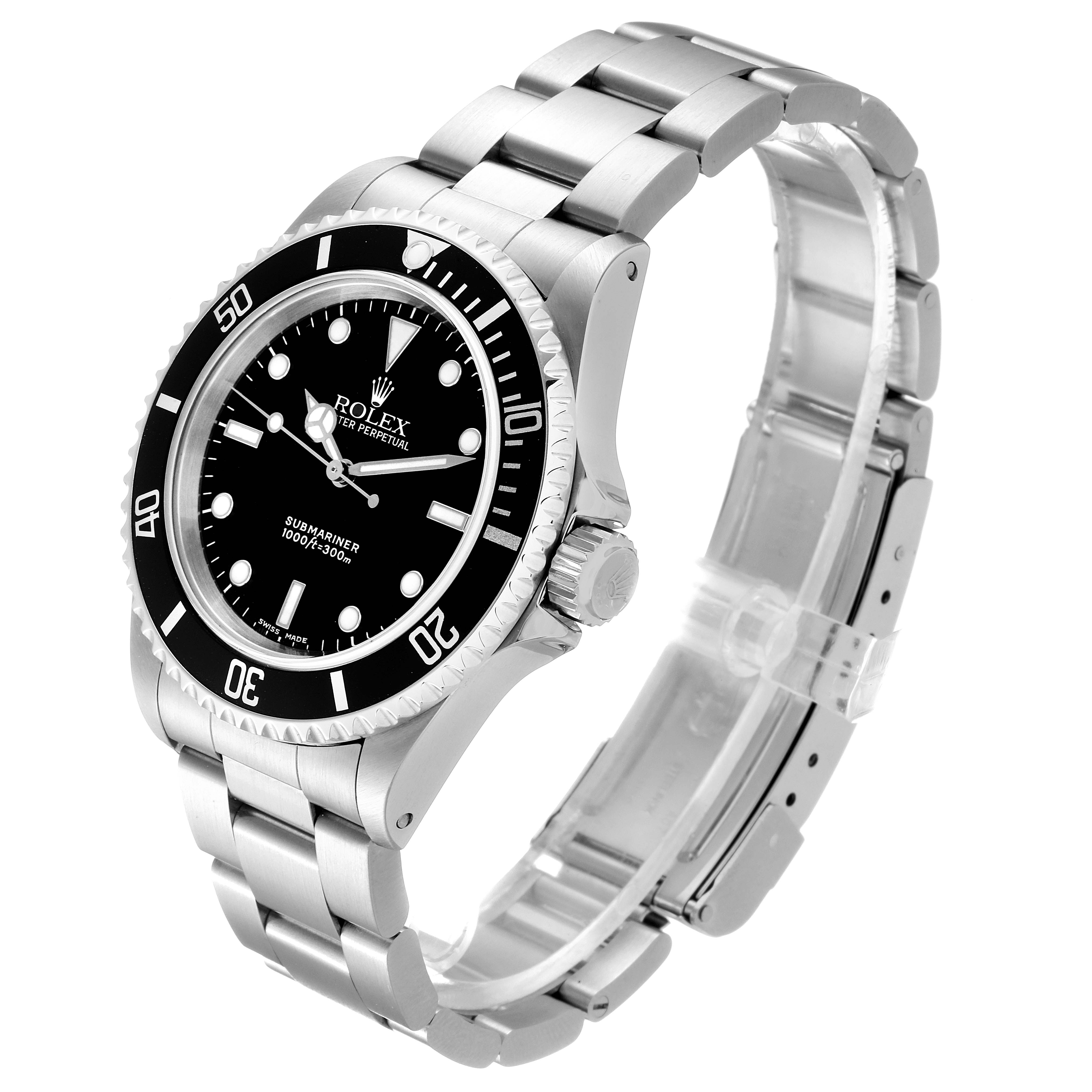 The Rolex Submariner 14060 Men
s Stainless Steel Black Dial 14060 Men
s Stainless Steel Black Dial watch is shown at a slight angle, highlighting its dial, bezel, bracelet, and crown.