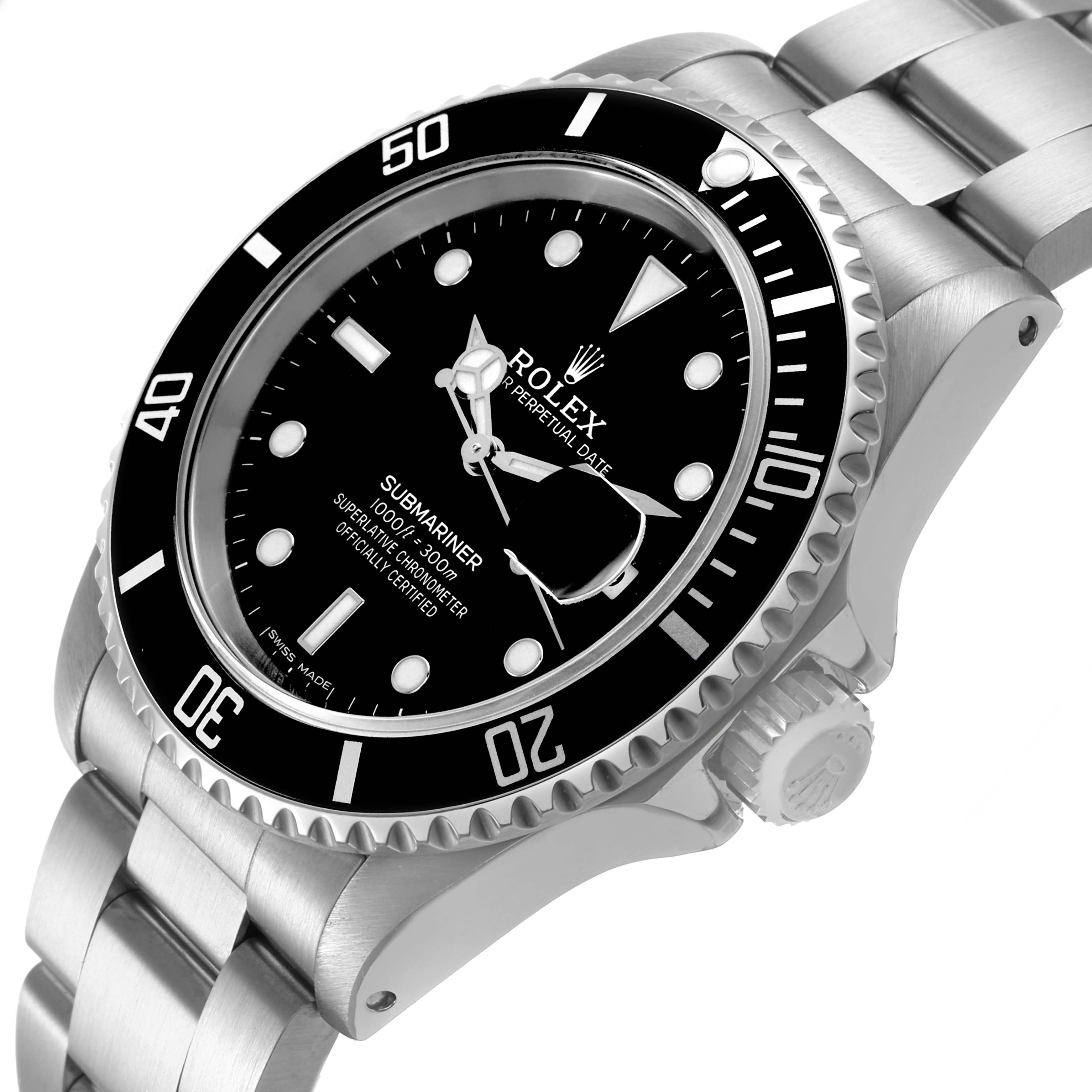 The Rolex Submariner 16610 Men's Stainless Steel Black Dial watch is shown from a side angle, displaying the bezel, crown, and bracelet.