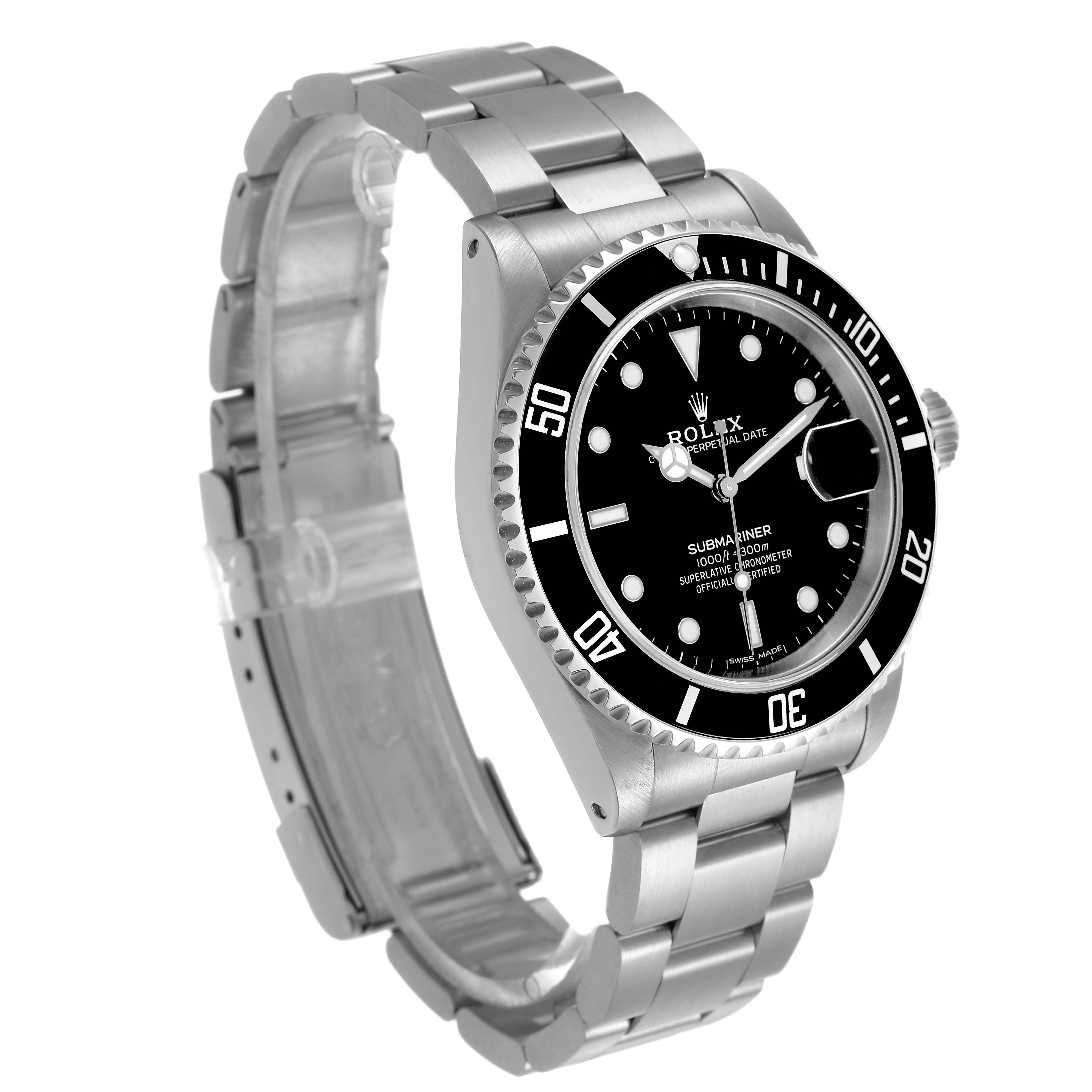 The Rolex Submariner 16610 Men's Stainless Steel Black Dial is shown at a three-quarter angle, displaying the bezel, dial, bracelet, and crown.