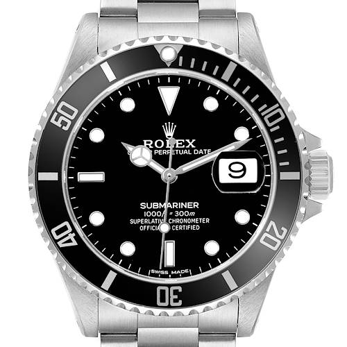 The image shows a Rolex Submariner 16610 Men's Stainless Steel Black Dial watch from a front view, highlighting the dial, bezel, crown, and bracelet.