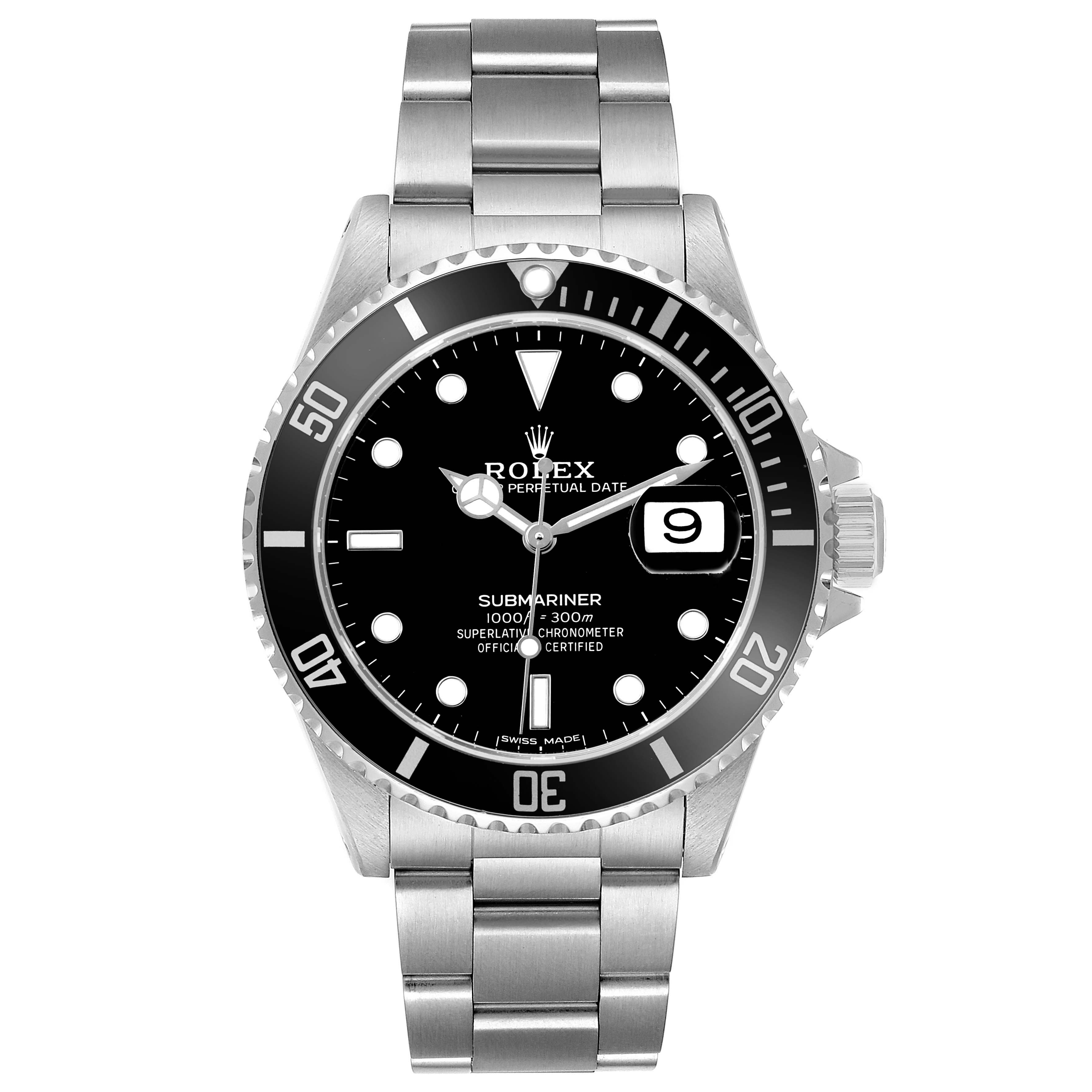 The Rolex Submariner 16610 Men's Stainless Steel Black Dial is shown from the front, displaying its black dial, bezel, bracelet, and date magnification.