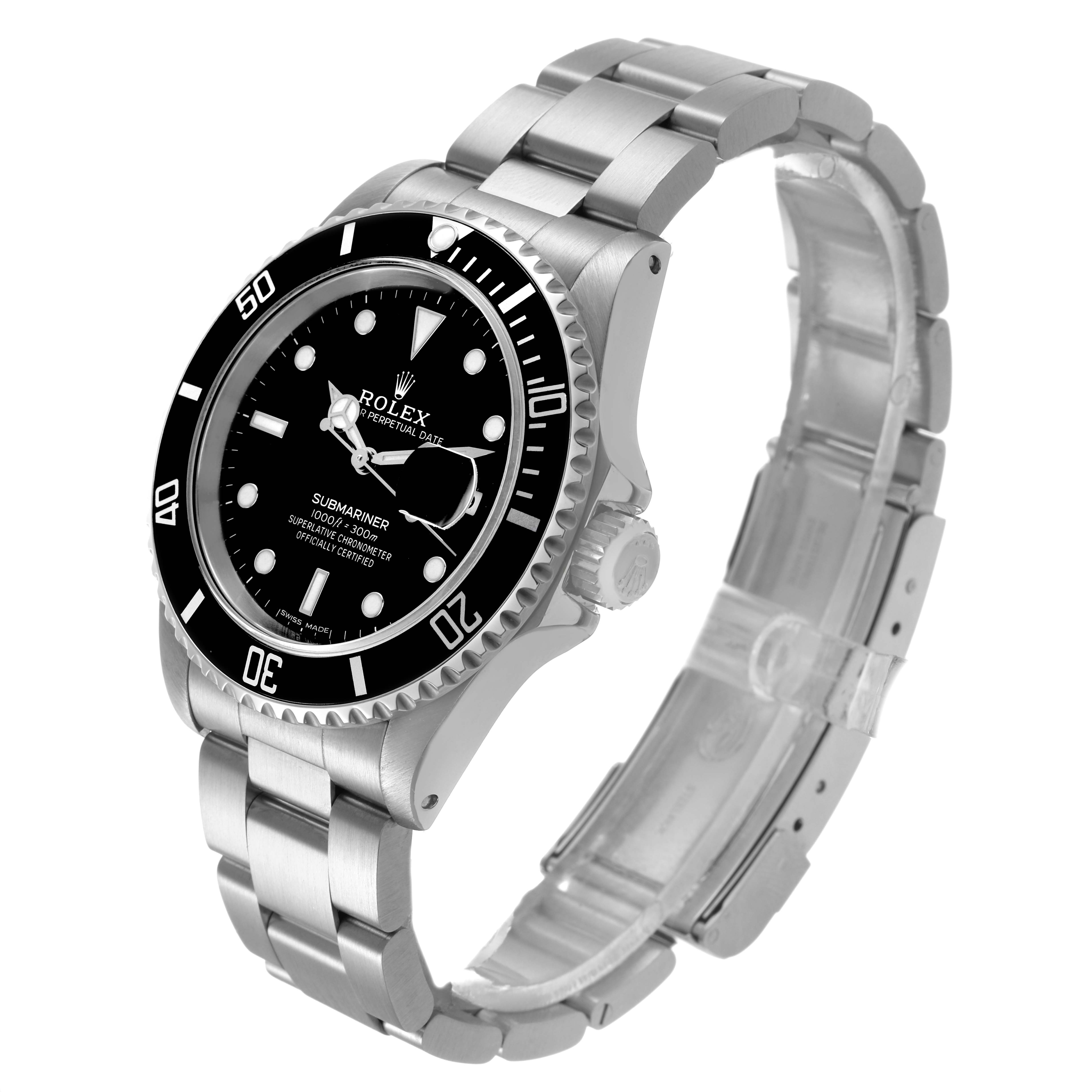 The Rolex Submariner 16610 Men's Stainless Steel Black Dial watch is shown at a three-quarter angle, displaying the face, bezel, crown, and bracelet.