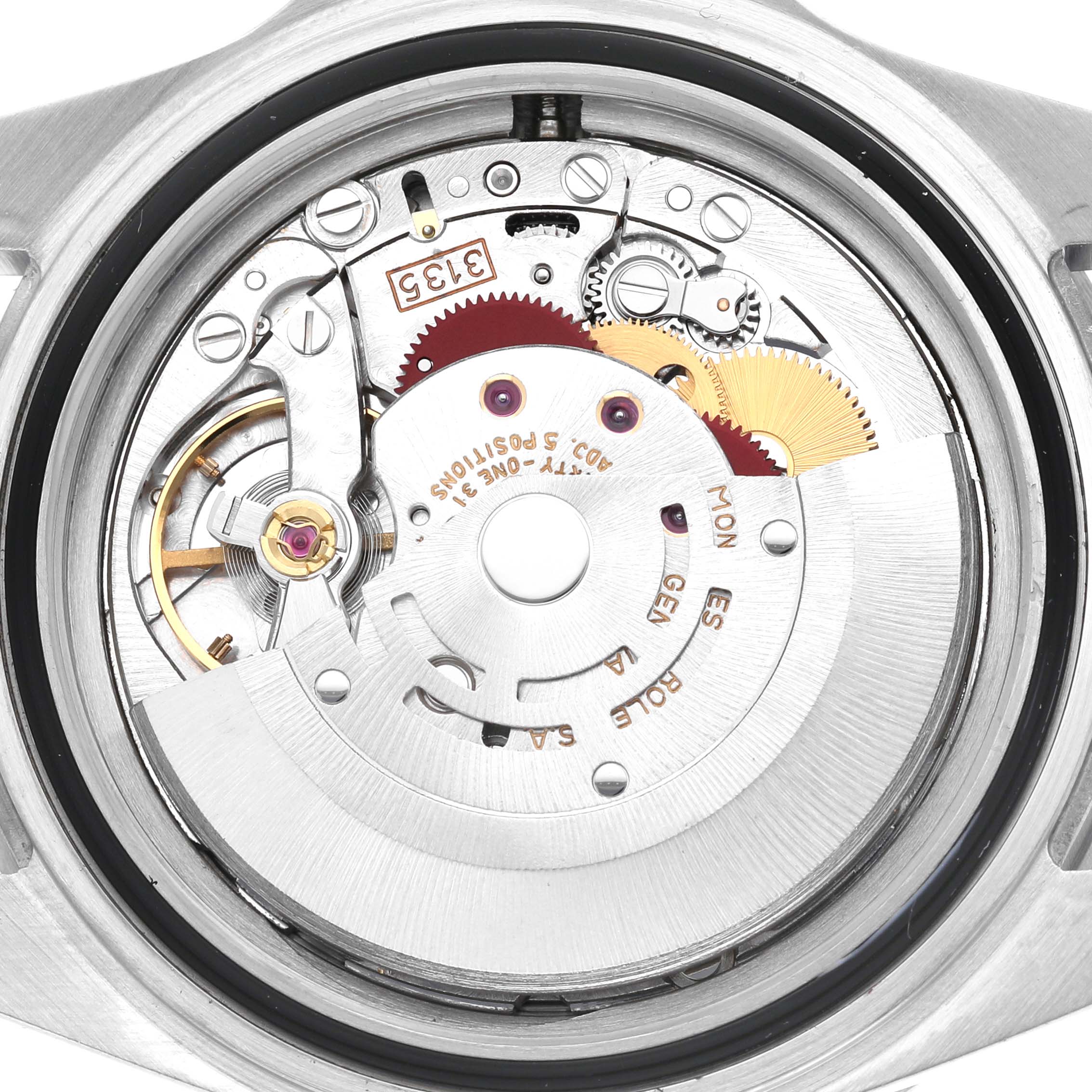 The image shows the movement from the back of a Rolex Submariner 16610 Men's Stainless Steel Black Dial, revealing gears and the rotor.