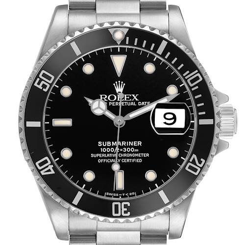 The image shows a front view of a Rolex Submariner 16610 Men's Stainless Steel Black Dial watch, displaying its bezel, dial, and bracelet.