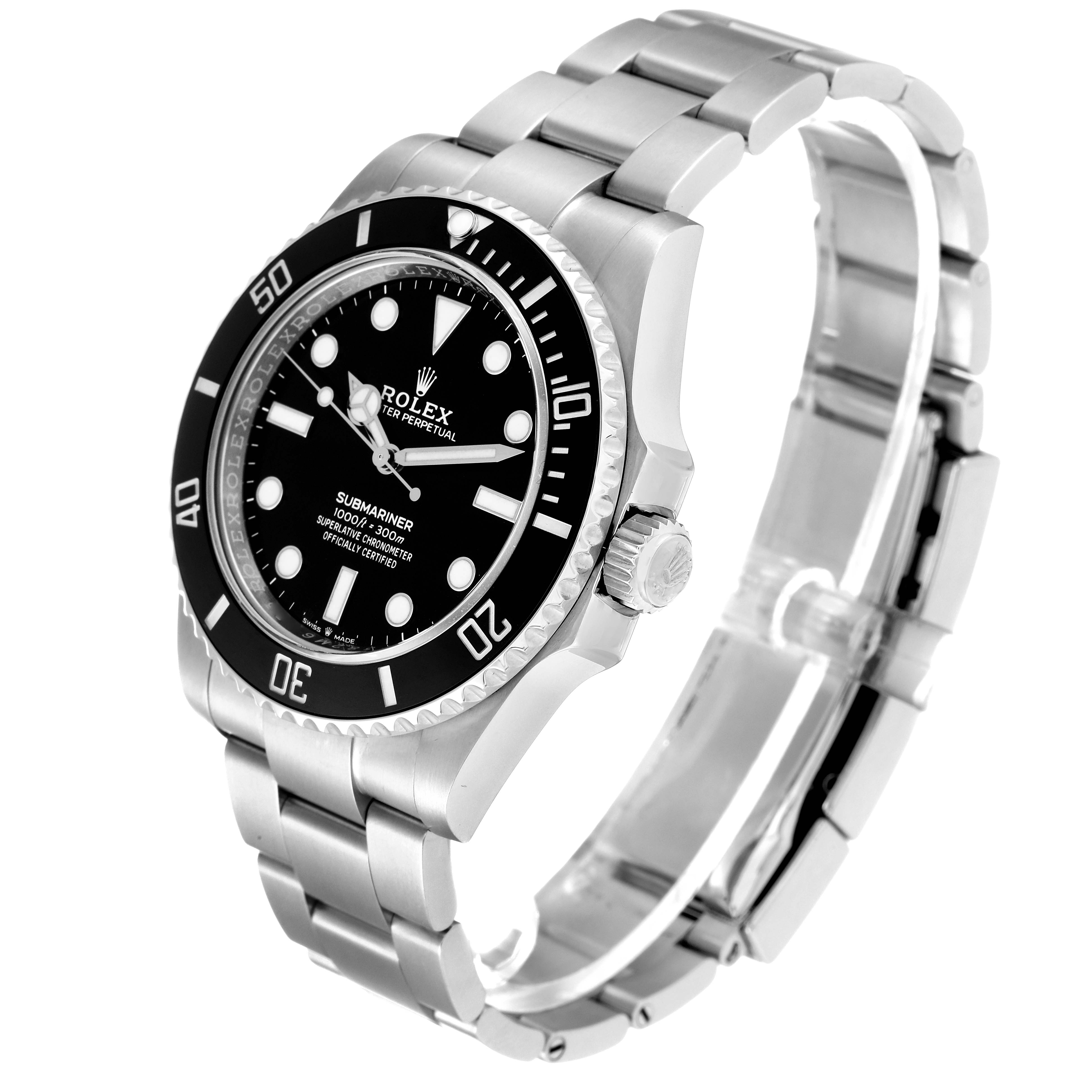 The Rolex Submariner 124060 Men
s Stainless Steel Black Dial 124060 Men
s Stainless Steel Black Dial is shown at a three-quarter angle, displaying the watch face, bezel, crown, and metal bracelet.
