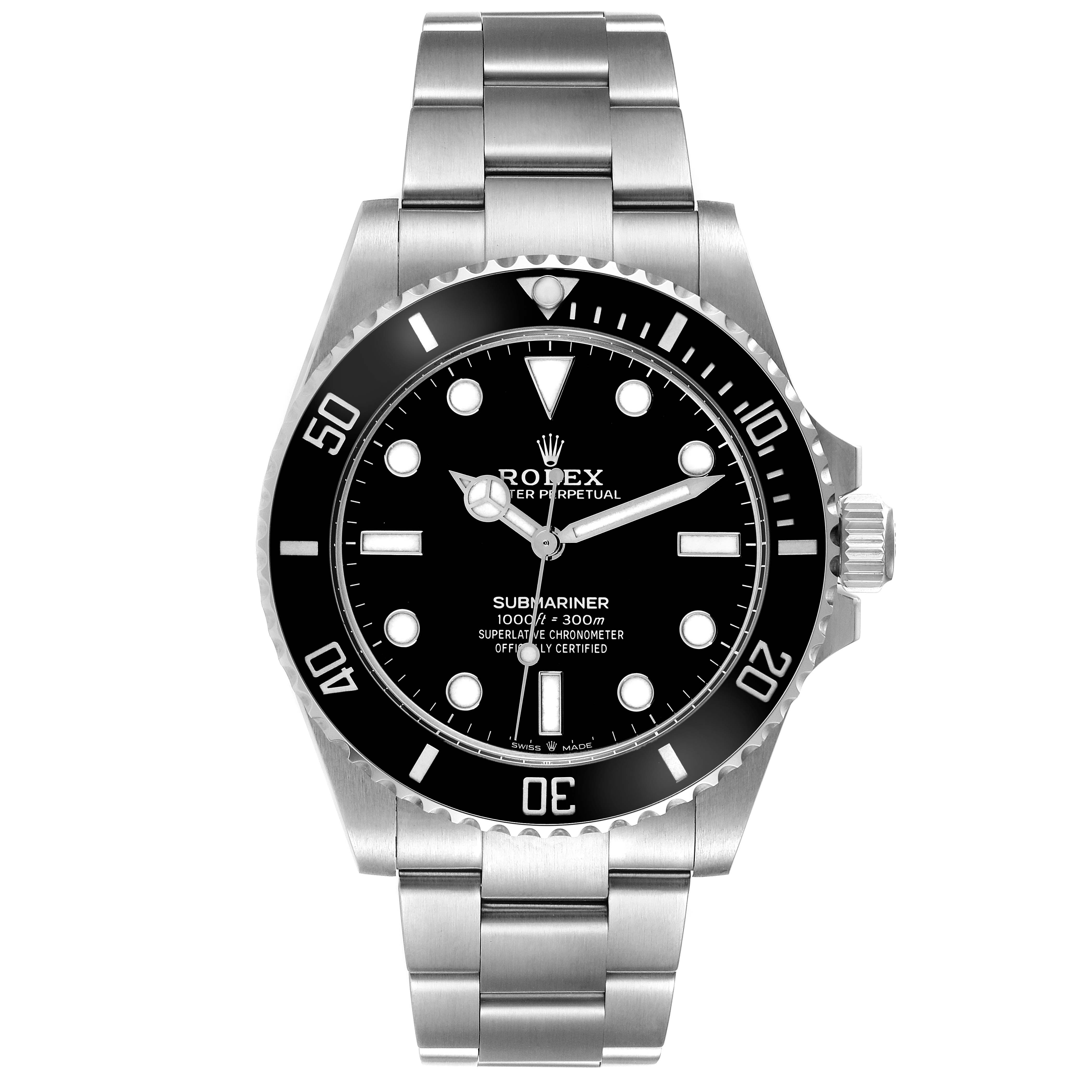 The Rolex Submariner 124060 Men
s Stainless Steel Black Dial 124060 Men
s Stainless Steel Black Dial watch is shown from the front, displaying its bezel, dial, and bracelet.