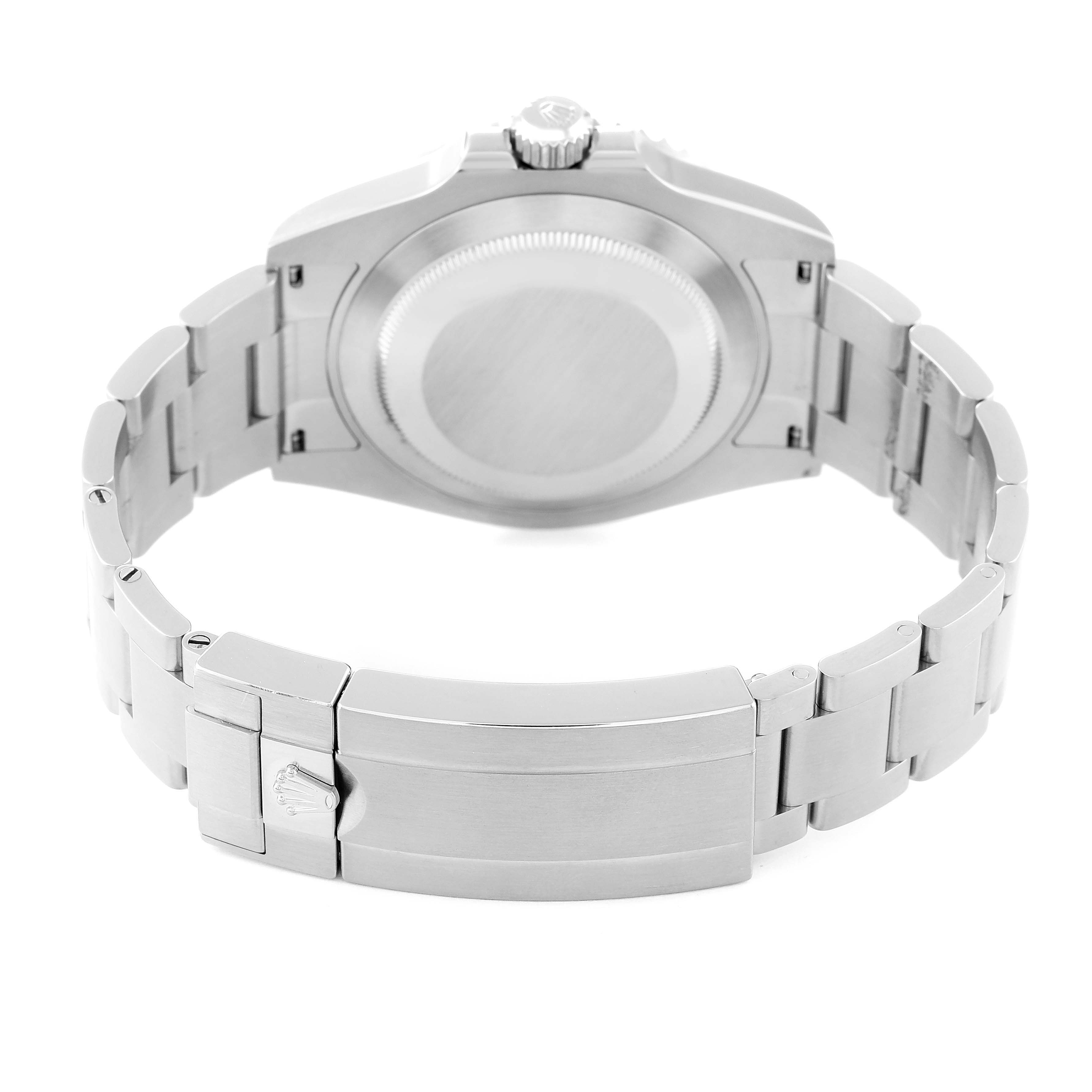 The image shows the back view of a Rolex Submariner 124060 Men
s Stainless Steel Black Dial 124060 Men
s Stainless Steel Black Dial, highlighting the clasp, bracelet, and case back.