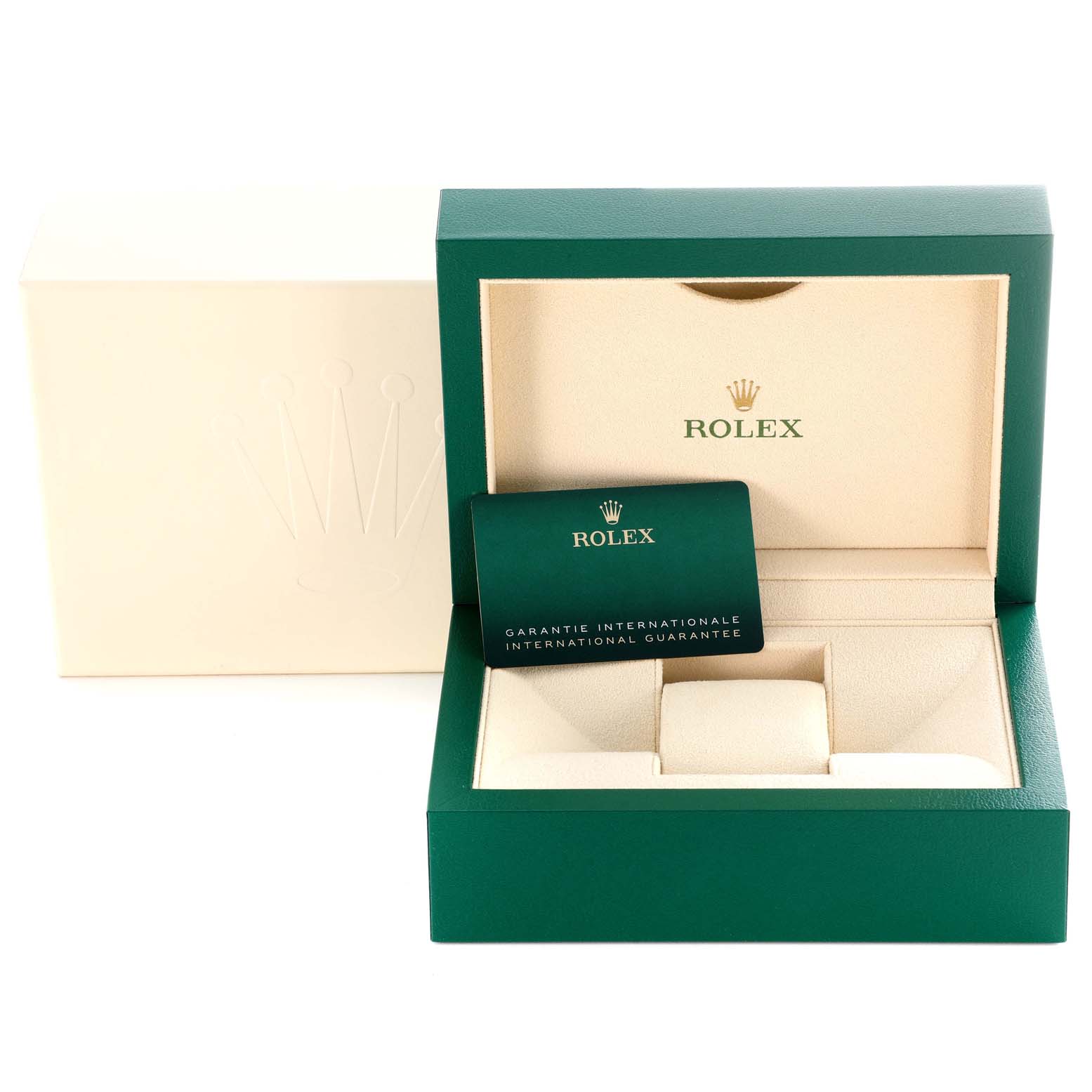 The image shows the Rolex Submariner 124060 Men
s Stainless Steel Black Dial 124060 Men
s Stainless Steel Black Dial
s open green box and guarantee card, with no watch visible.