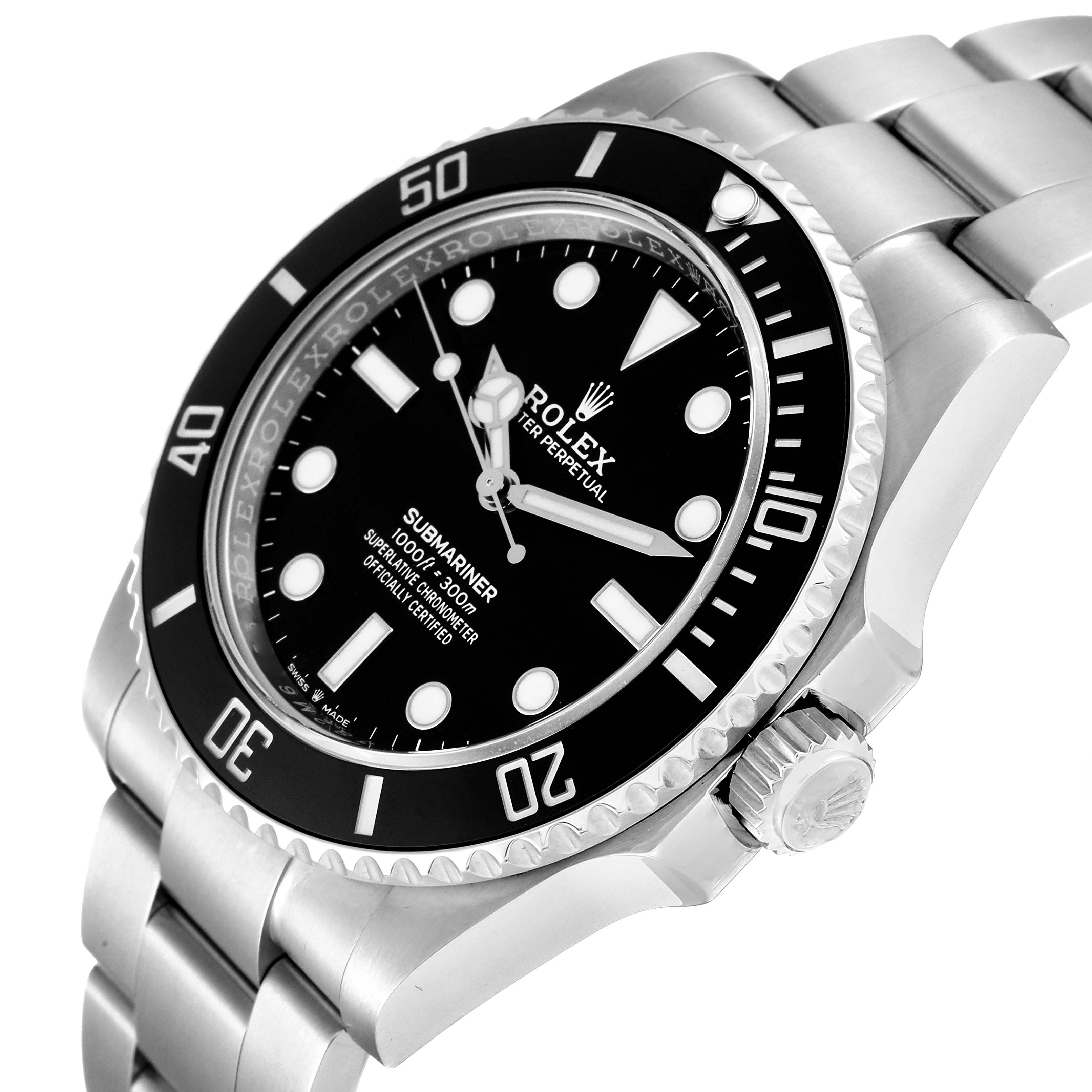The Rolex Submariner 124060 Men
s Stainless Steel Black Dial 124060 Men
s Stainless Steel Black Dial watch is shown at an angle highlighting the black dial, bezel, and stainless steel bracelet.