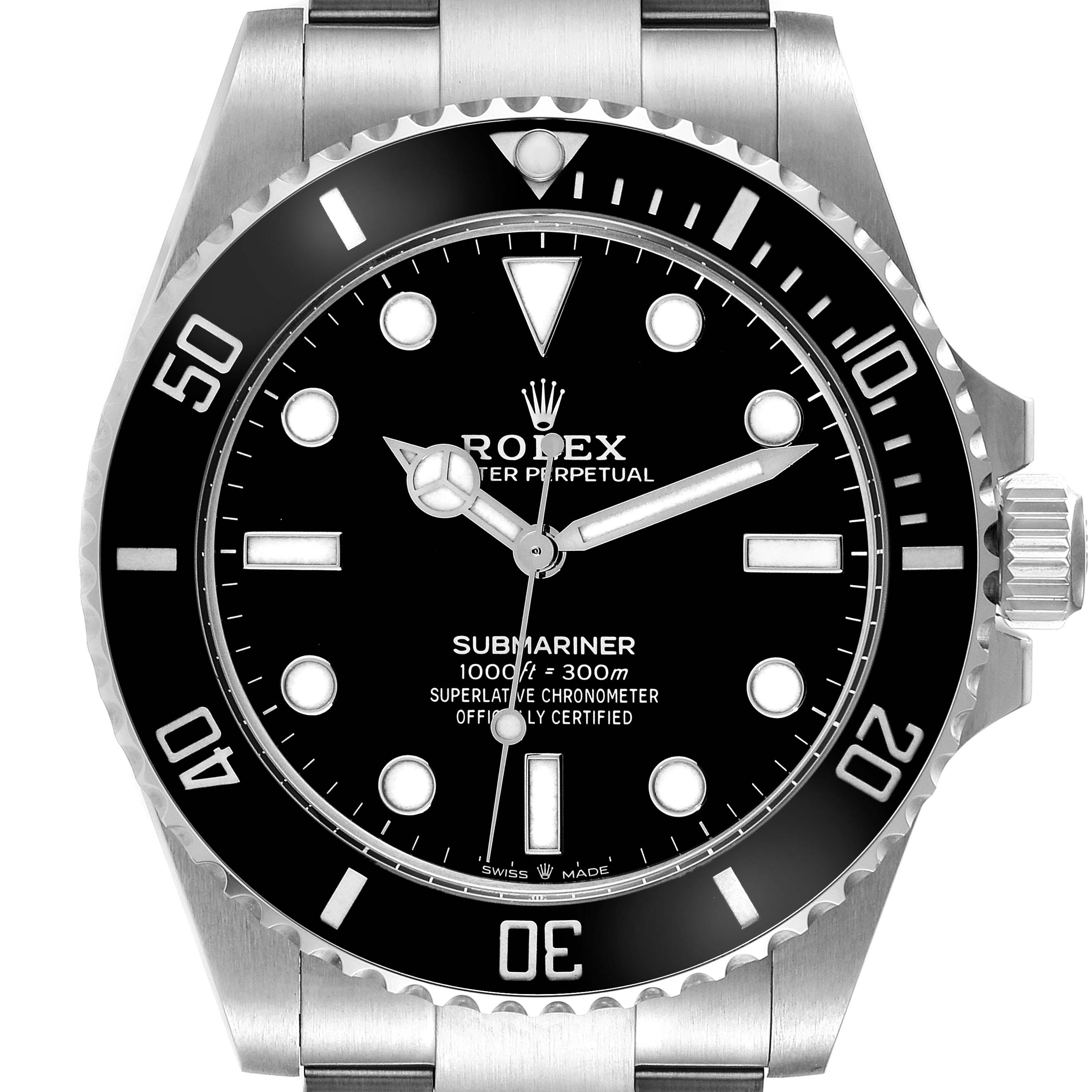 The Rolex Submariner 124060 Men
s Stainless Steel Black Dial 124060 Men
s Stainless Steel Black Dial watch is shown from a front angle, displaying the face, bezel, and part of the bracelet.