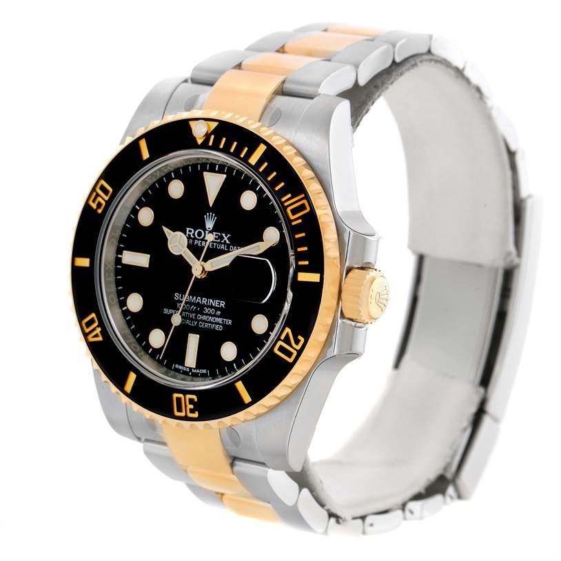 This image shows a side angle view of a Rolex Submariner 116613LN Men
s Steel and Gold (two tone) Black Dial 116613LN Men
s Steel and Gold (two tone) Black Dial watch, highlighting its black dial, bezel, and two-tone bracelet.