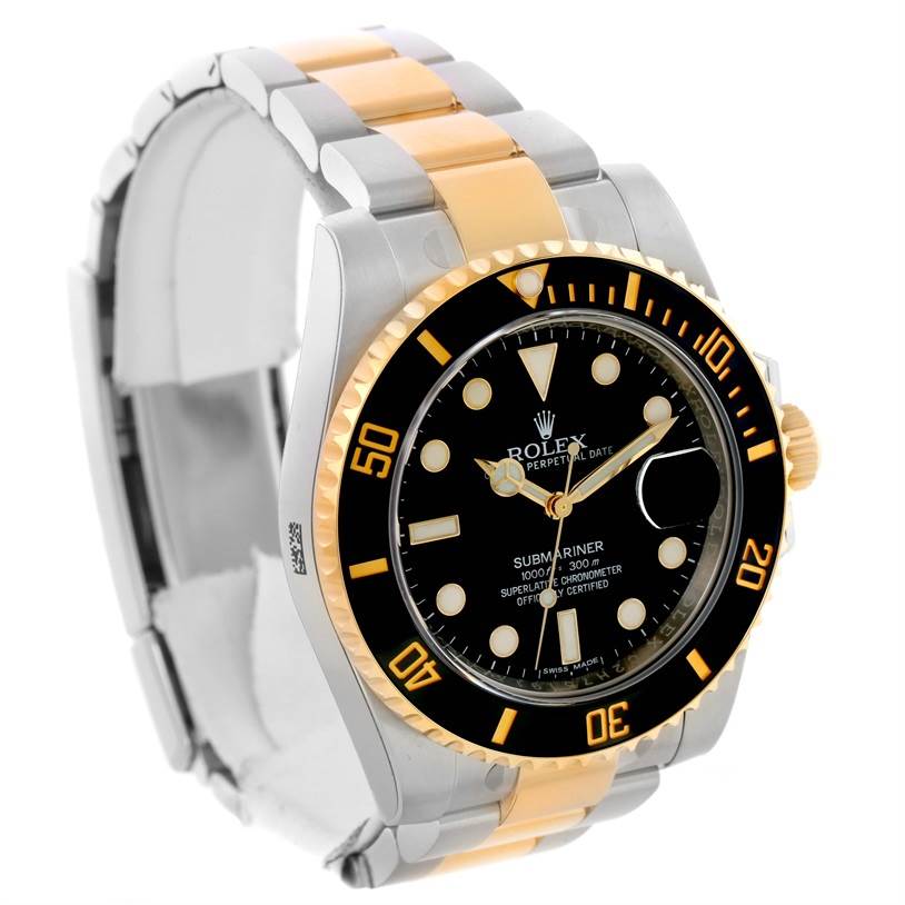 The image shows a side and front view of the Rolex Submariner 116613LN Men
s Steel and Gold (two tone) Black Dial 116613LN Men
s Steel and Gold (two tone) Black Dial watch, highlighting its black dial, two-tone bracelet, and rotating bezel.