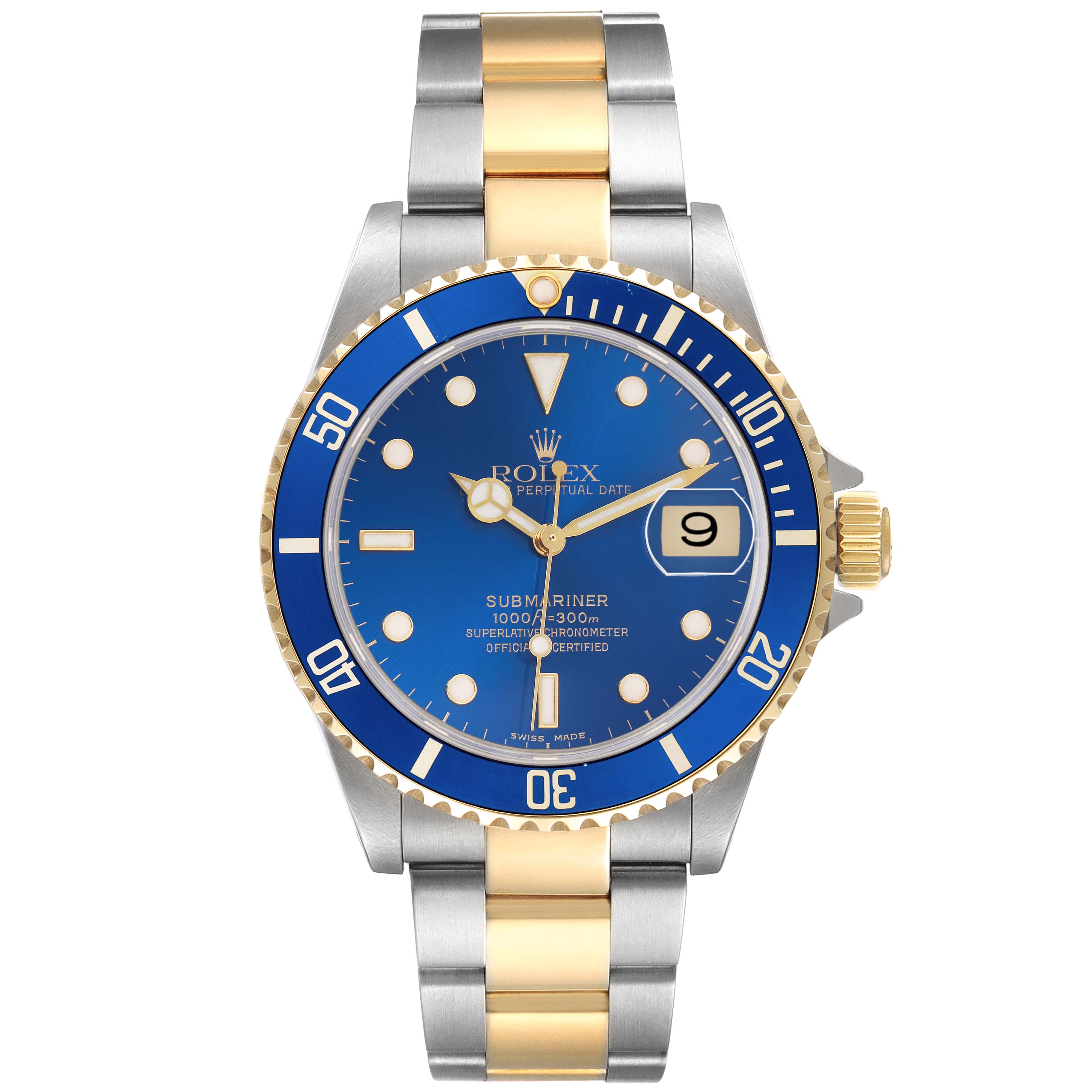 The Rolex Submariner 16613 Men
s Steel and Gold (two tone) Blue Dial 16613 Men
s Steel and Gold (two tone) Blue Dial watch is shown from a front angle, highlighting the blue dial, two-tone bracelet, and bezel.