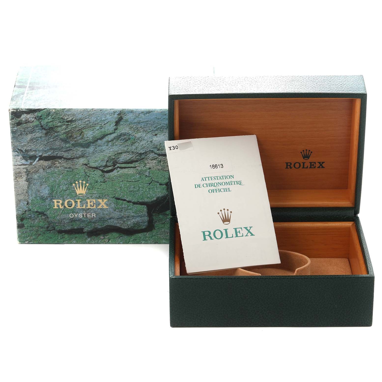 The image shows a Rolex Submariner 16613 Men
s Steel and Gold (two tone) Blue Dial 16613 Men
s Steel and Gold (two tone) Blue Dial box open, with the outer box and a certificate visible from a front angle.