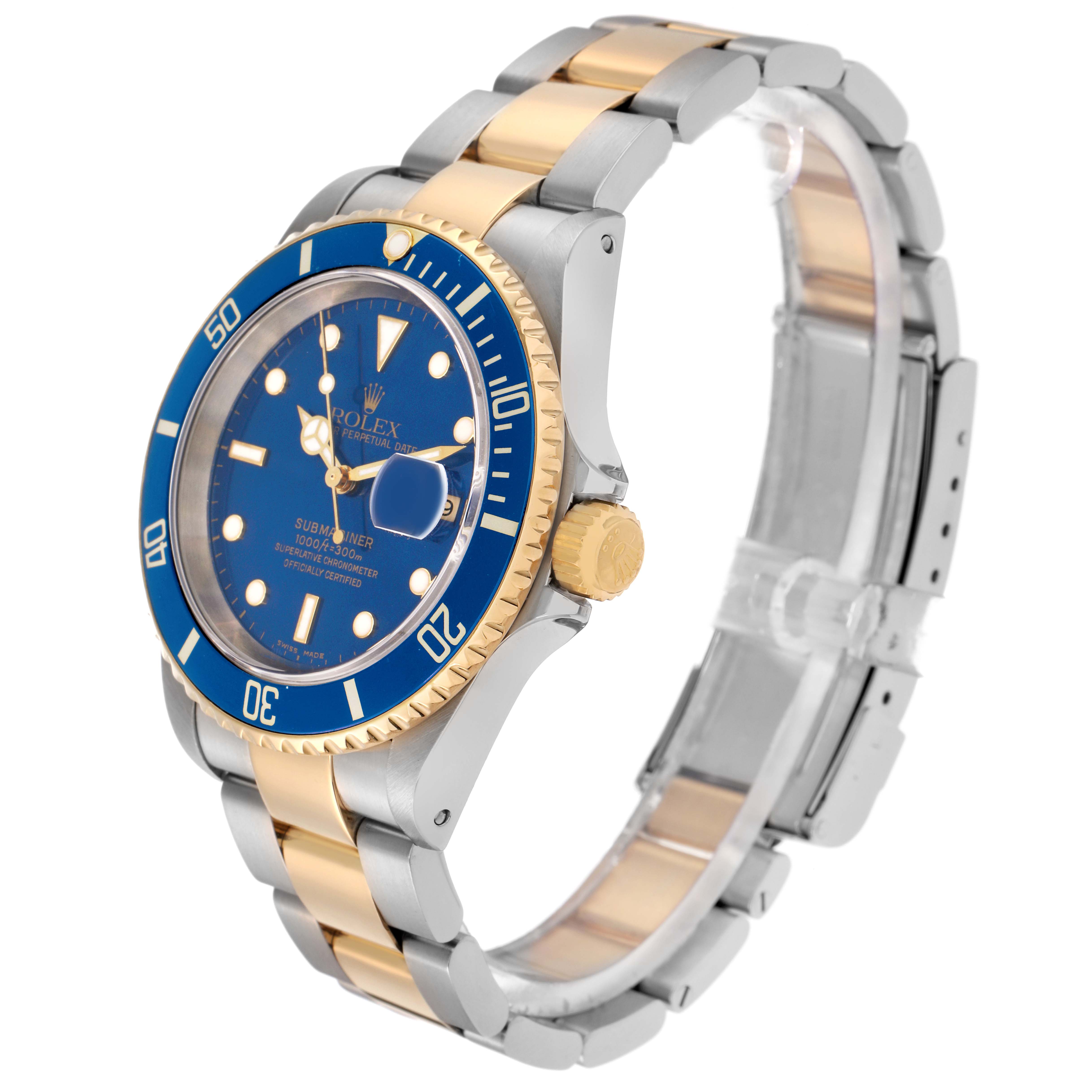 The Rolex Submariner 16613 Men
s Steel and Gold (two tone) Blue Dial 16613 Men
s Steel and Gold (two tone) Blue Dial watch is shown at a slight angle displaying the dial, bezel, crown, and bracelet.
