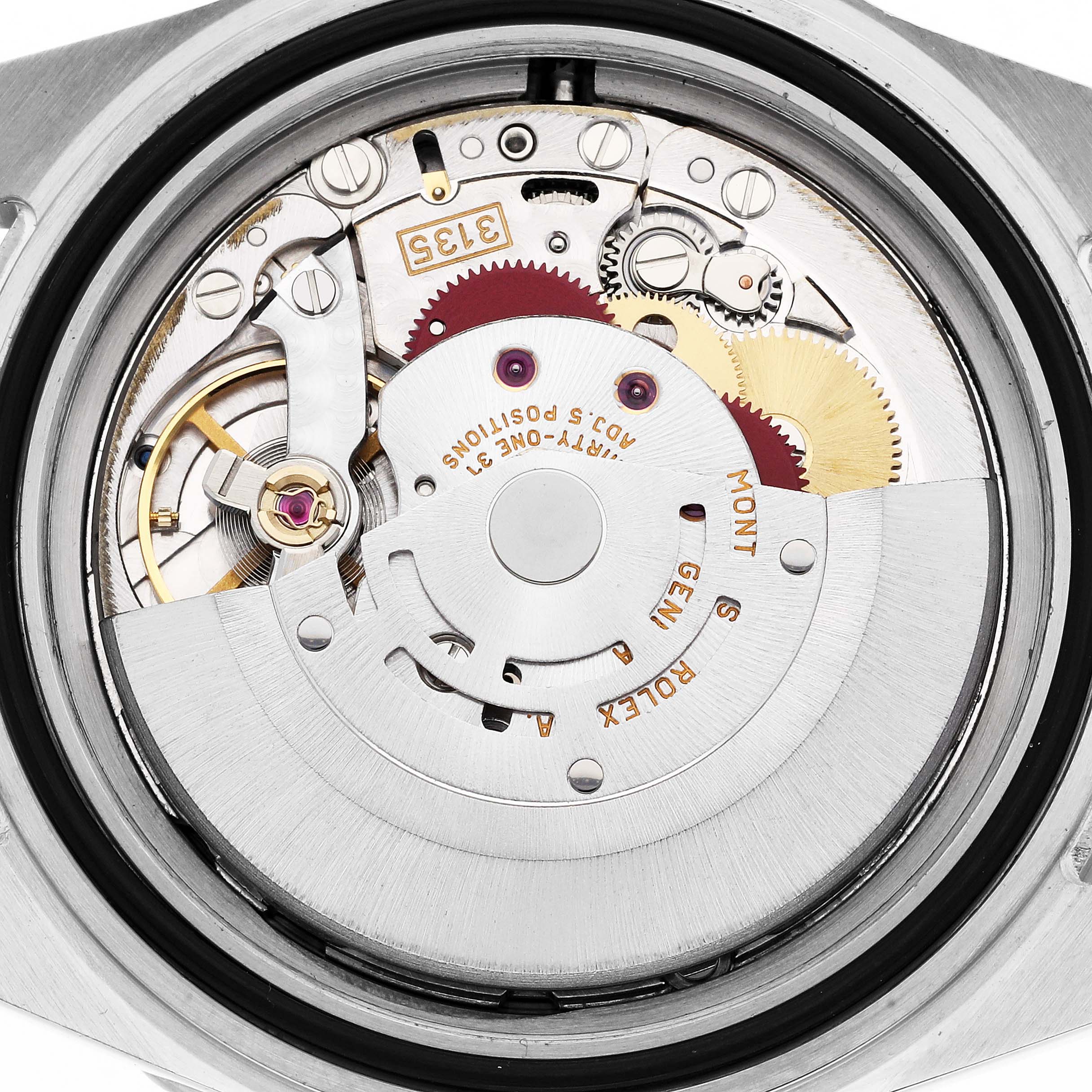 The image shows the movement of a Rolex Submariner 16613 Men
s Steel and Gold (two tone) Blue Dial 16613 Men
s Steel and Gold (two tone) Blue Dial watch from a rear view, highlighting the mechanical components and engravings.