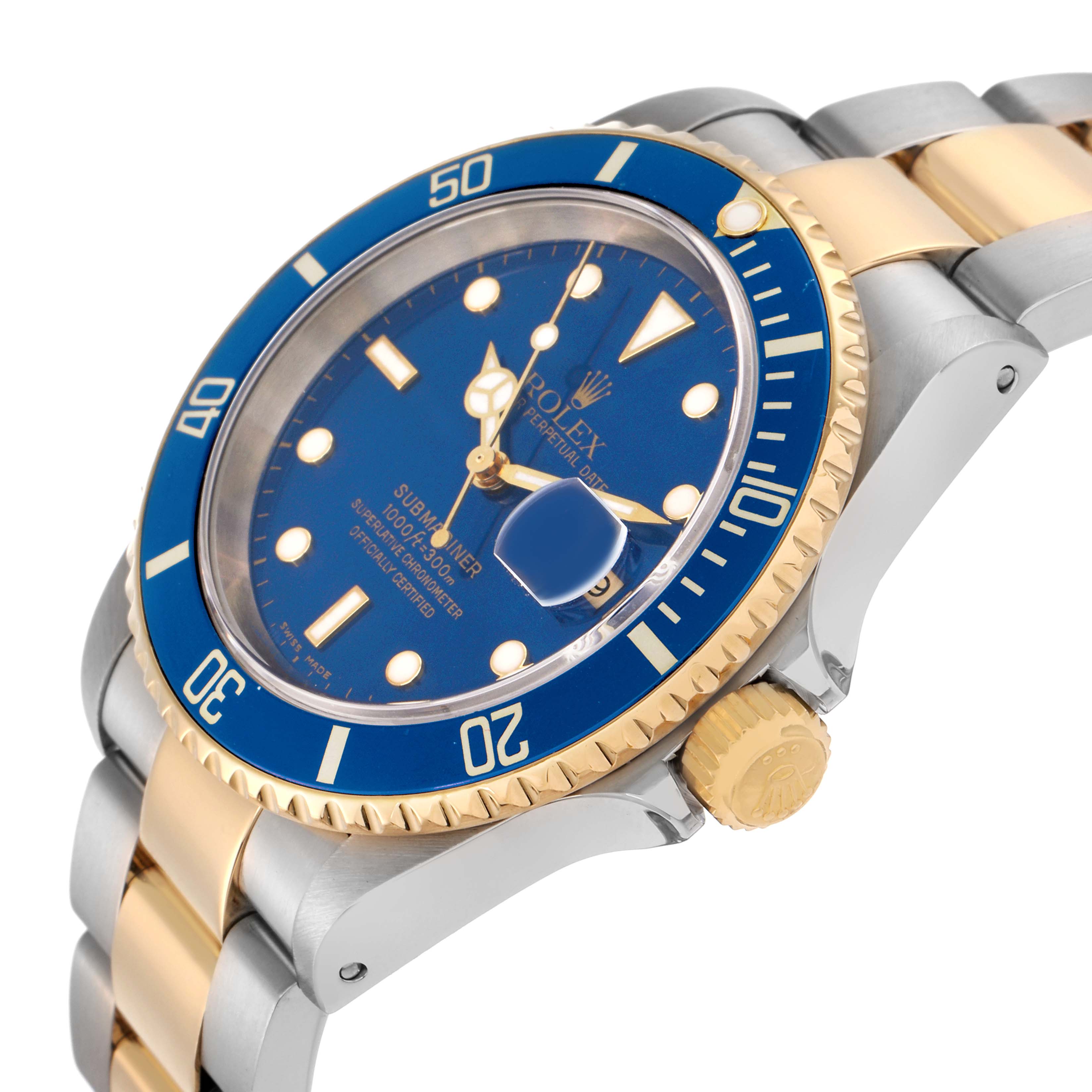 The Rolex Submariner 16613 Men
s Steel and Gold (two tone) Blue Dial 16613 Men
s Steel and Gold (two tone) Blue Dial watch is shown at an angled side view, displaying the blue bezel, dial, and two-tone bracelet.