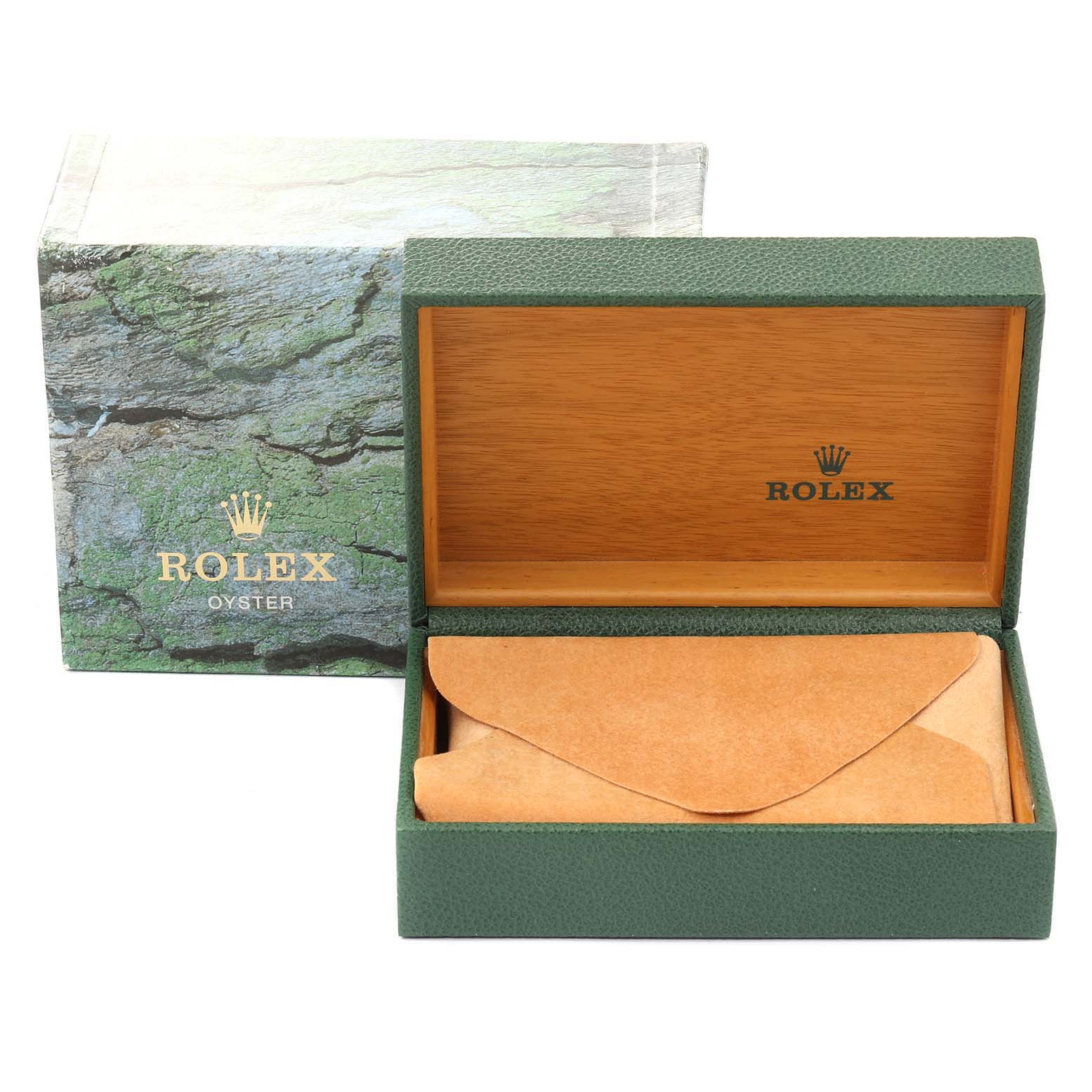 The image shows a Rolex Yacht-Master 69623 Women's Steel and Gold (two tone) White Dial 69623 Women's Steel and Gold (two tone) White Dial watch box and outer packaging, with the box open to reveal a suede pouch inside.