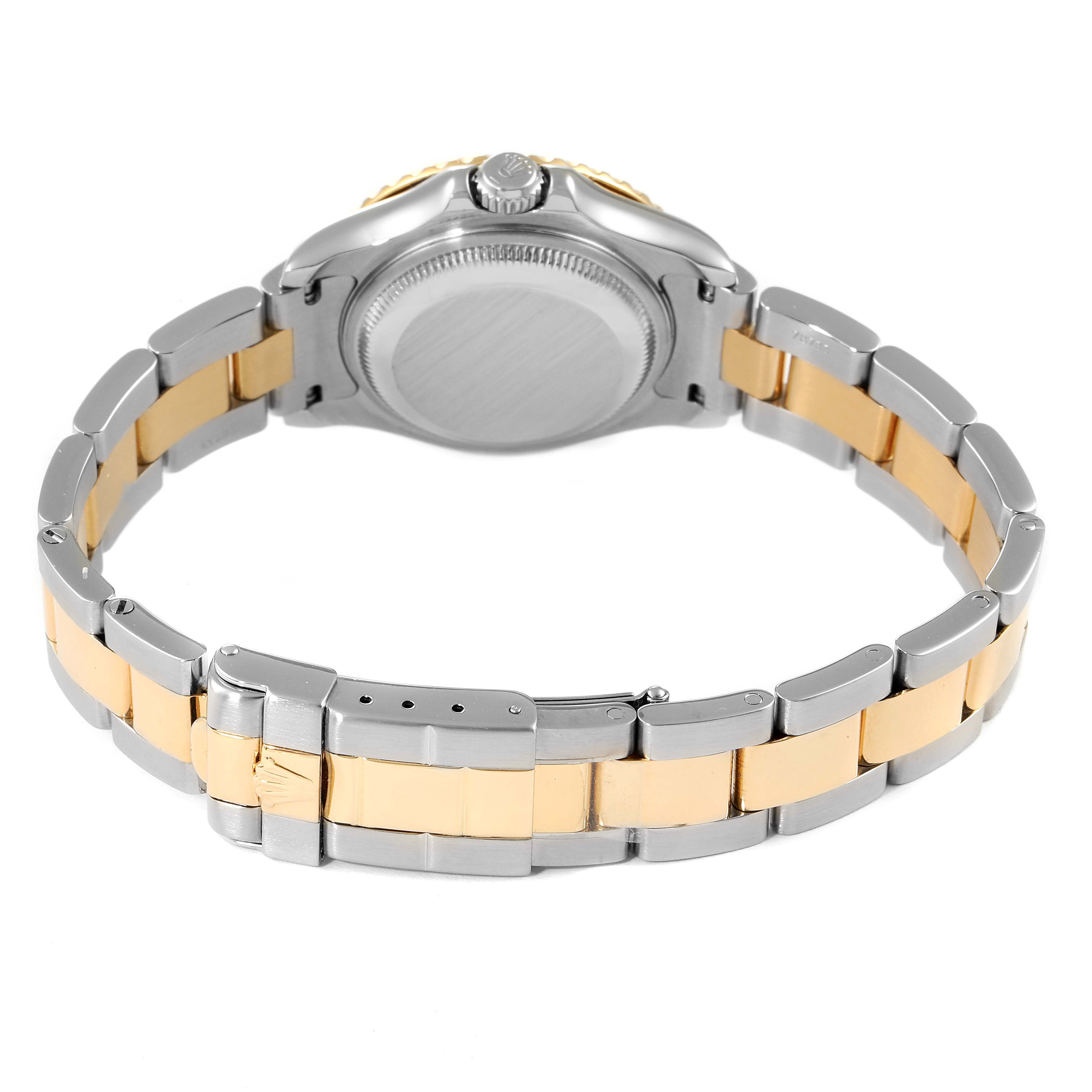 This image shows the back view and bracelet of a Rolex Yacht-Master 69623 Women's Steel and Gold (two tone) White Dial 69623 Women's Steel and Gold (two tone) White Dial watch, featuring a two-tone metal design.