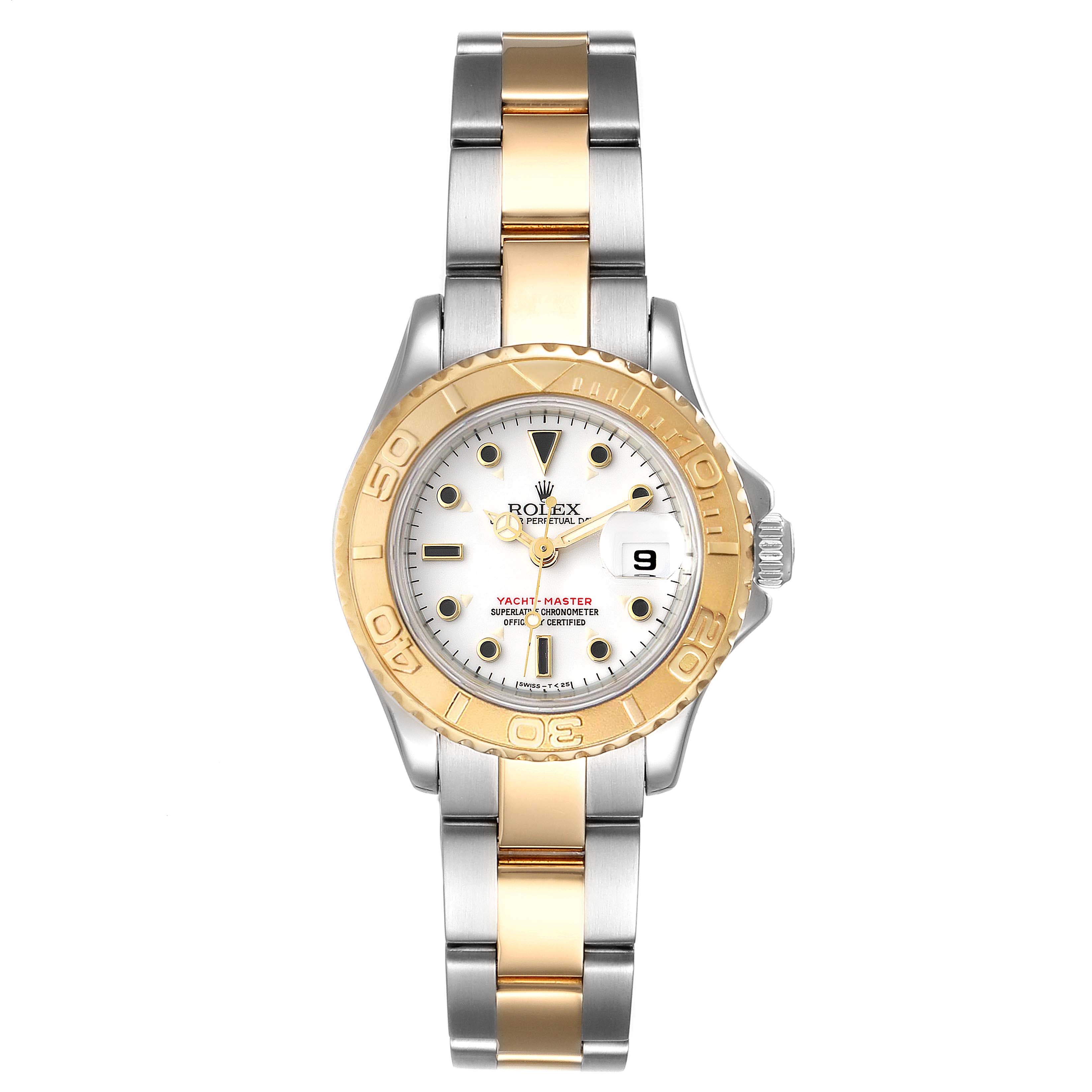 The Rolex Yacht-Master 69623 Women's Steel and Gold (two tone) White Dial 69623 Women's Steel and Gold (two tone) White Dial watch is shown from a top view, displaying its full face, bezel, and two-tone bracelet.