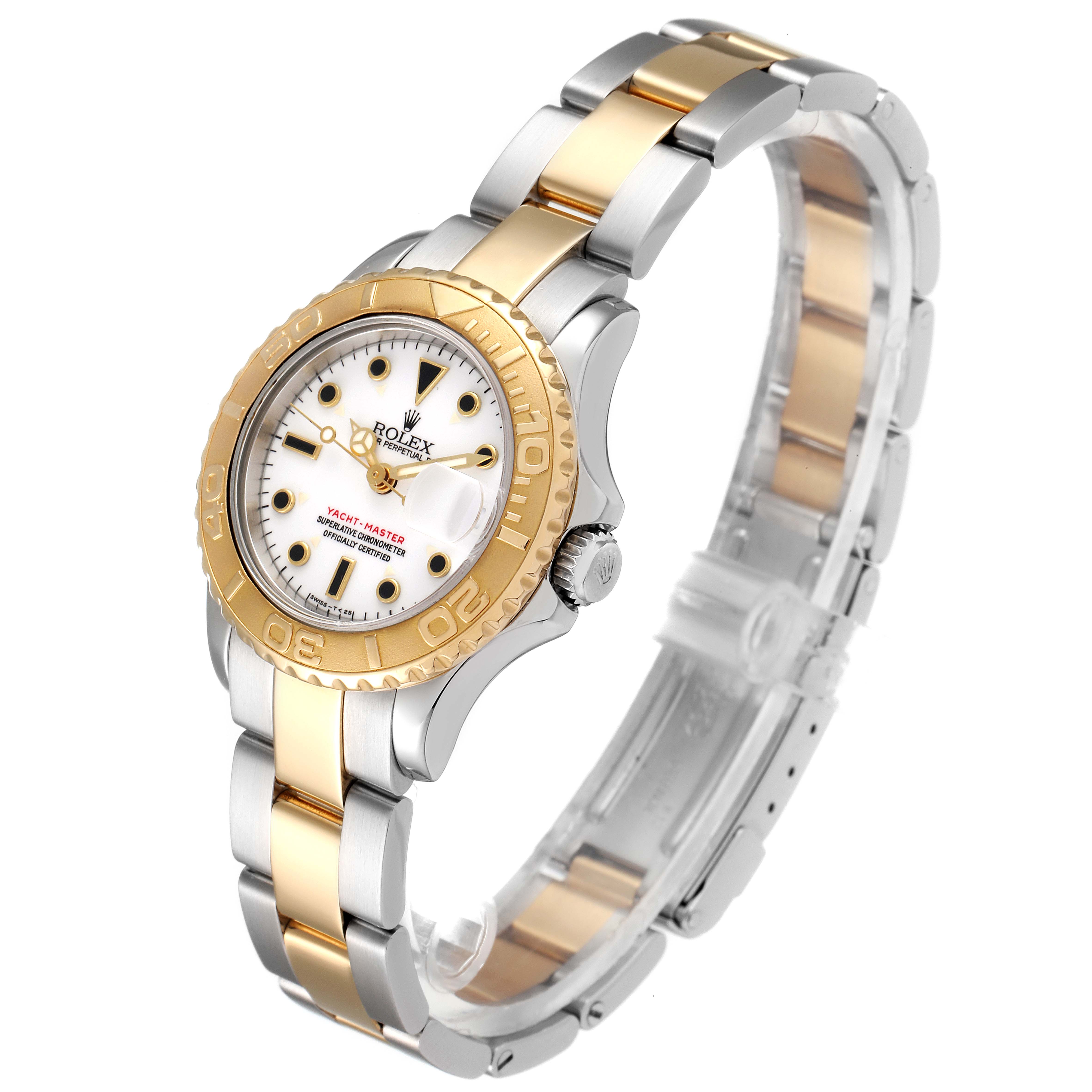 This Rolex Yacht-Master 69623 Women's Steel and Gold (two tone) White Dial 69623 Women's Steel and Gold (two tone) White Dial watch is shown at a three-quarter angle, highlighting the face, bezel, and bracelet.