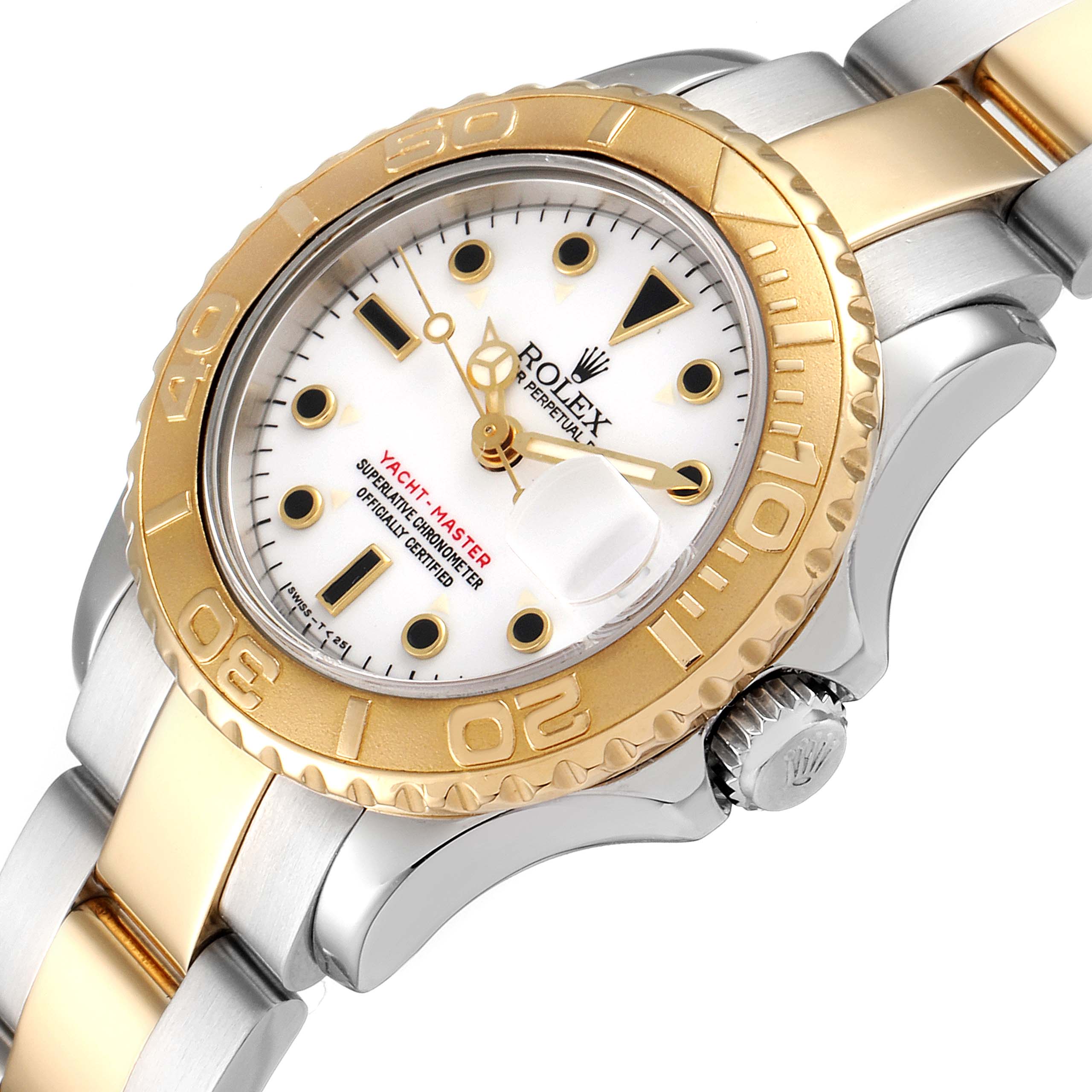 The Rolex Yacht-Master 69623 Women's Steel and Gold (two tone) White Dial 69623 Women's Steel and Gold (two tone) White Dial watch is shown from an angled view, displaying the face, bezel, crown, and part of the bracelet.