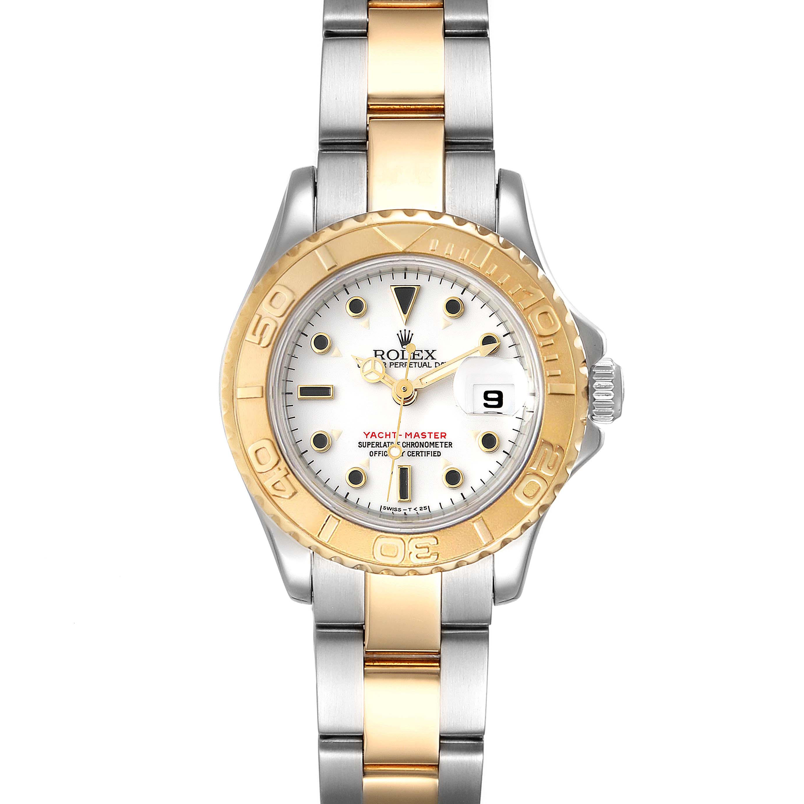 The image shows a Rolex Yacht-Master 69623 Women's Steel and Gold (two tone) White Dial 69623 Women's Steel and Gold (two tone) White Dial watch, displaying the dial, bezel, and bracelet, viewed from the front.