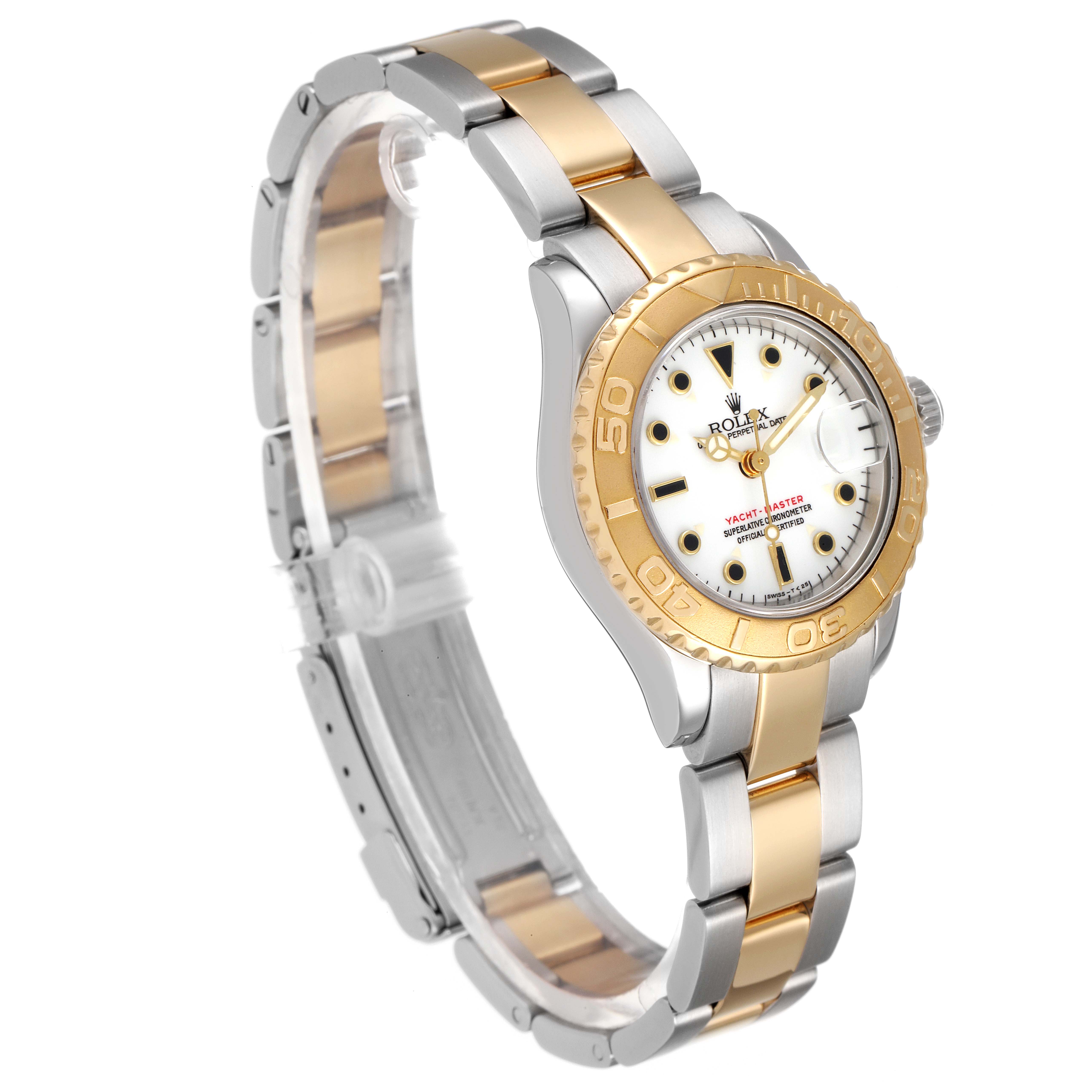 This image shows a Rolex Yacht-Master 69623 Women's Steel and Gold (two tone) White Dial 69623 Women's Steel and Gold (two tone) White Dial watch at a slight angle, featuring a two-tone metal bracelet and a golden bezel.