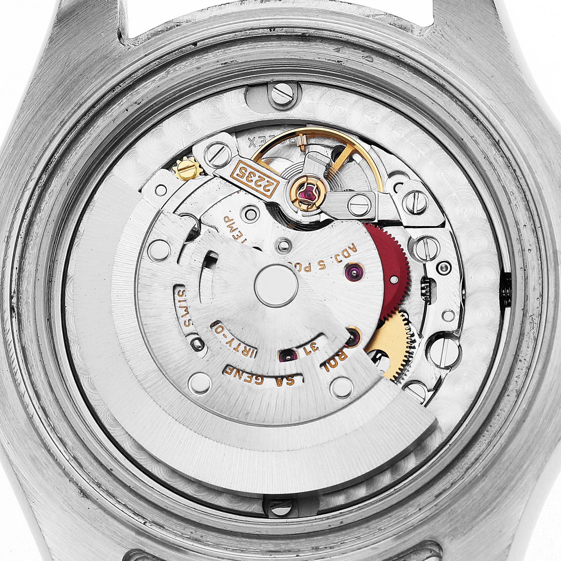 The image shows the movement mechanism of a Rolex Yacht-Master 168622 Men's Stainless Steel Silver Dial watch viewed from the back.