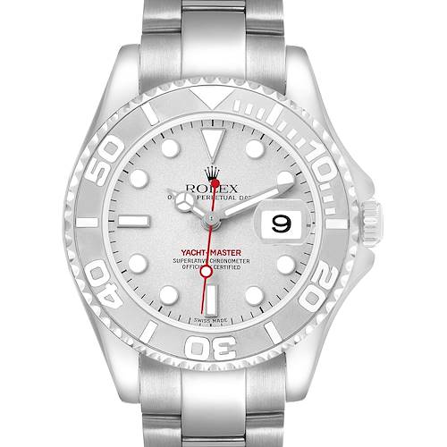 The Rolex Yacht-Master 168622 Men's Stainless Steel Silver Dial watch is shown from a front angle, highlighting the bezel, face, hands, and bracelet.