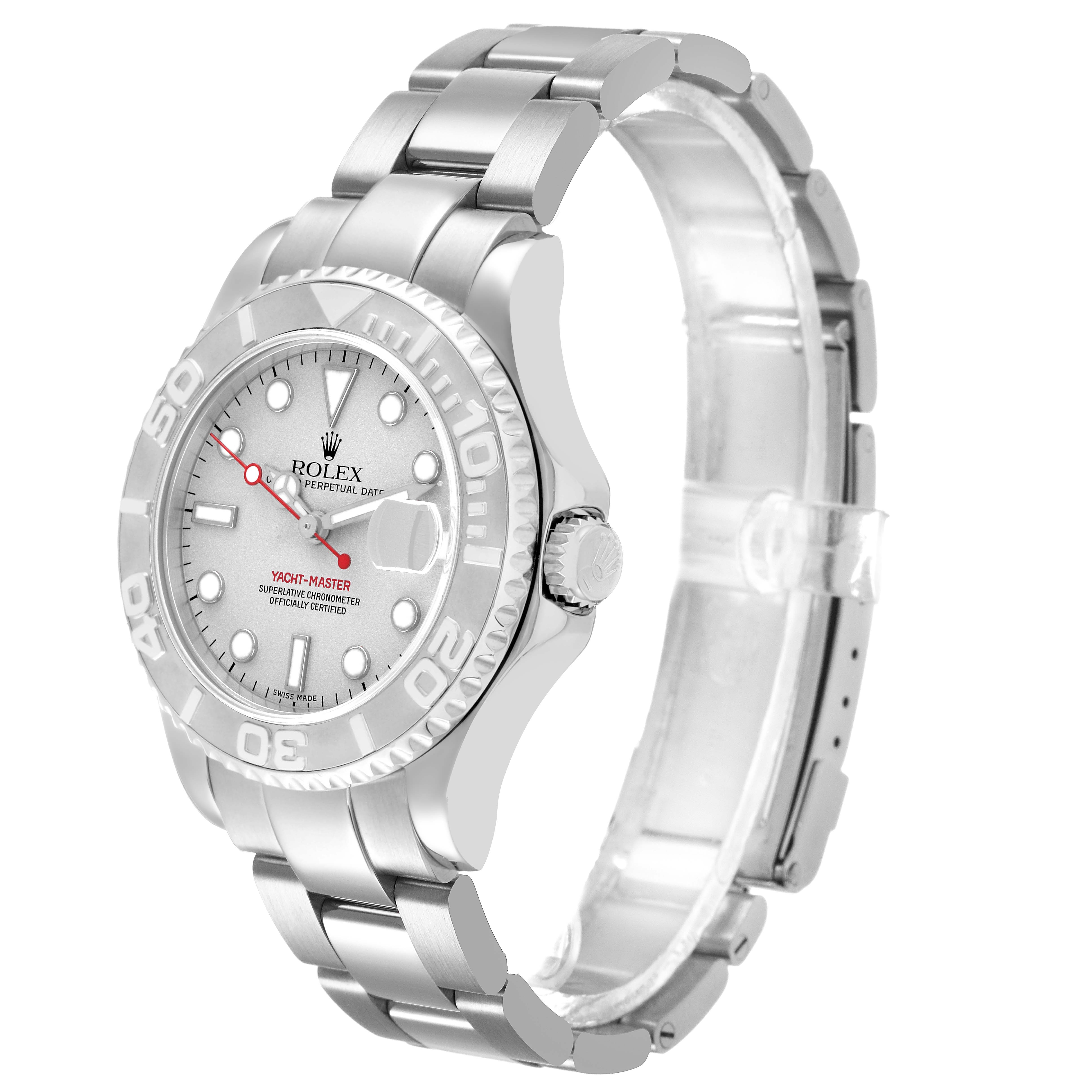 The Rolex Yacht-Master 168622 Men's Stainless Steel Silver Dial watch is shown at a three-quarter angle, displaying the face, bezel, and bracelet.