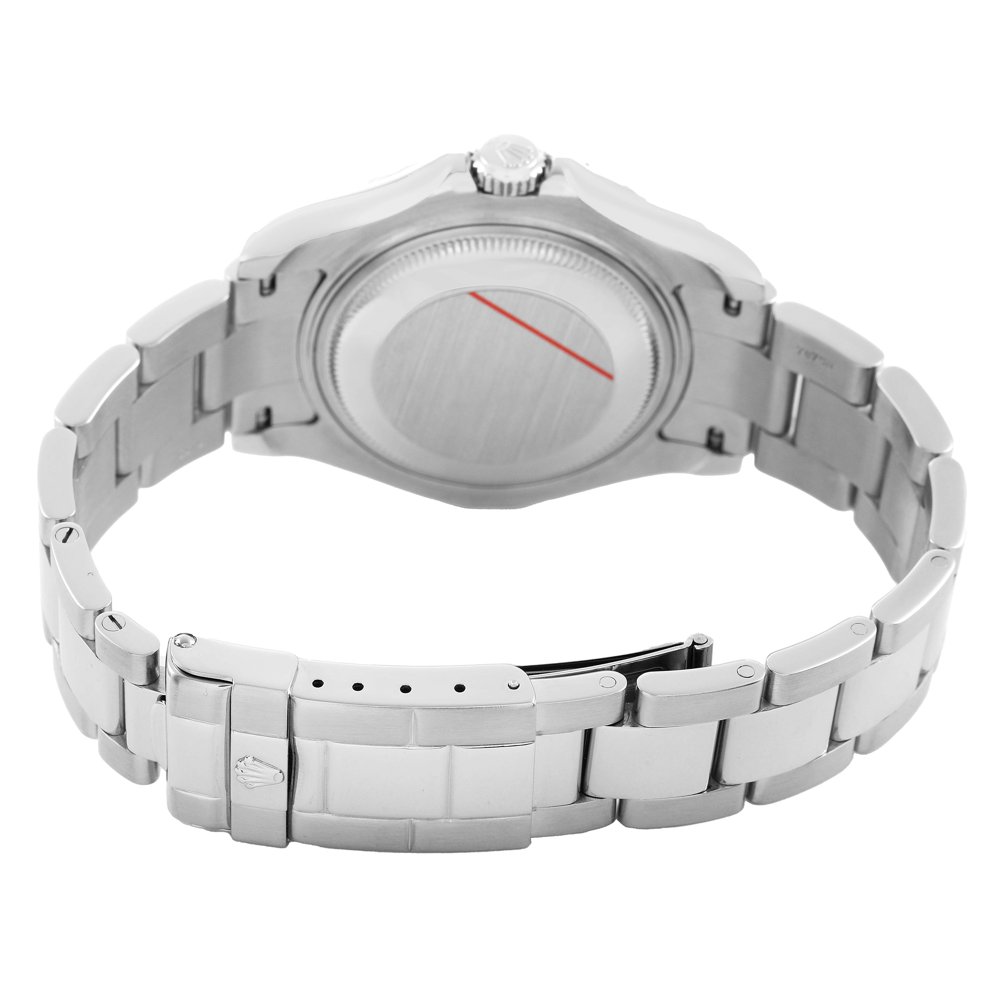 The image shows the back and bracelet of a Rolex Yacht-Master 168622 Men's Stainless Steel Silver Dial watch, highlighting the clasp and case back.
