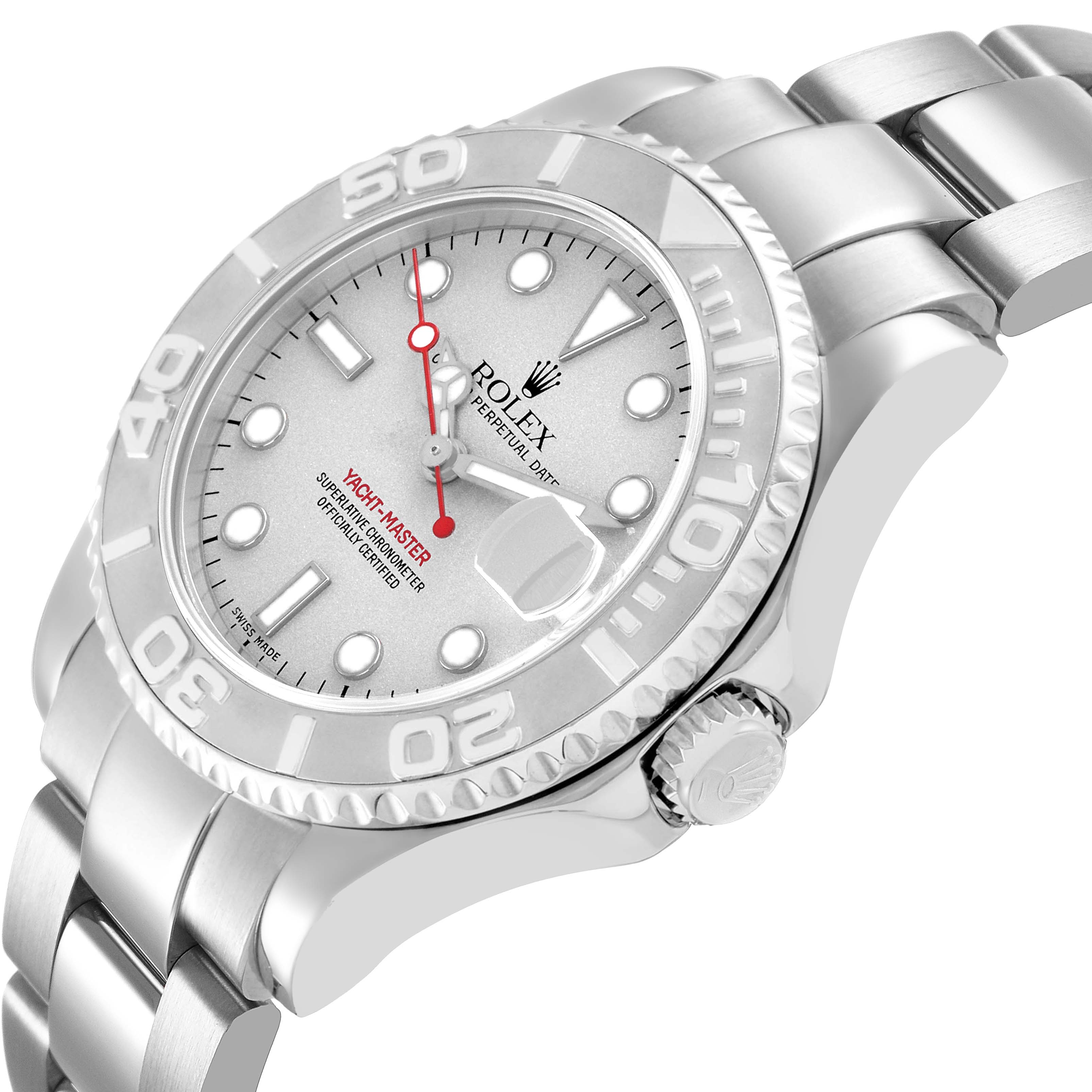 The Rolex Yacht-Master 168622 Men's Stainless Steel Silver Dial watch is shown at a slight angle, highlighting the dial, bezel, crown, and bracelet.