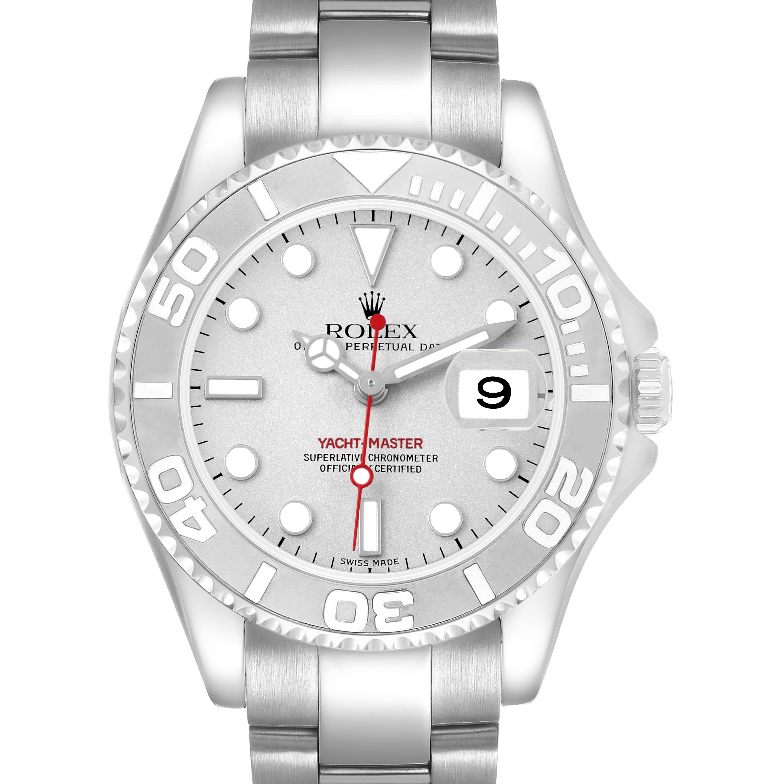The Rolex Yacht-Master 168622 Men's Stainless Steel Silver Dial watch is shown from the front, displaying the dial, bezel, and bracelet clearly.