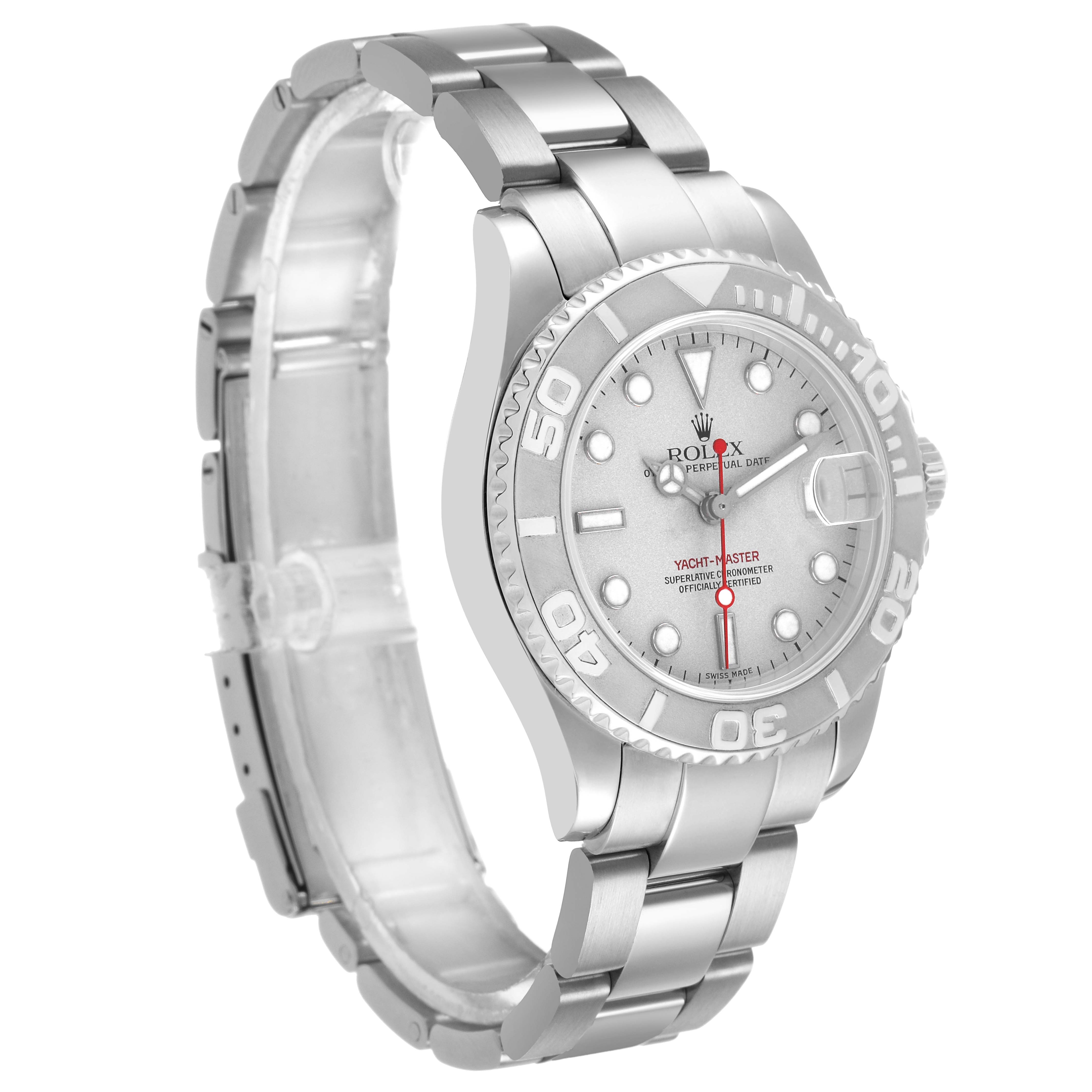 The Rolex Yacht-Master 168622 Men's Stainless Steel Silver Dial is shown at an angle displaying the dial, bezel, crown, and bracelet from a side perspective.