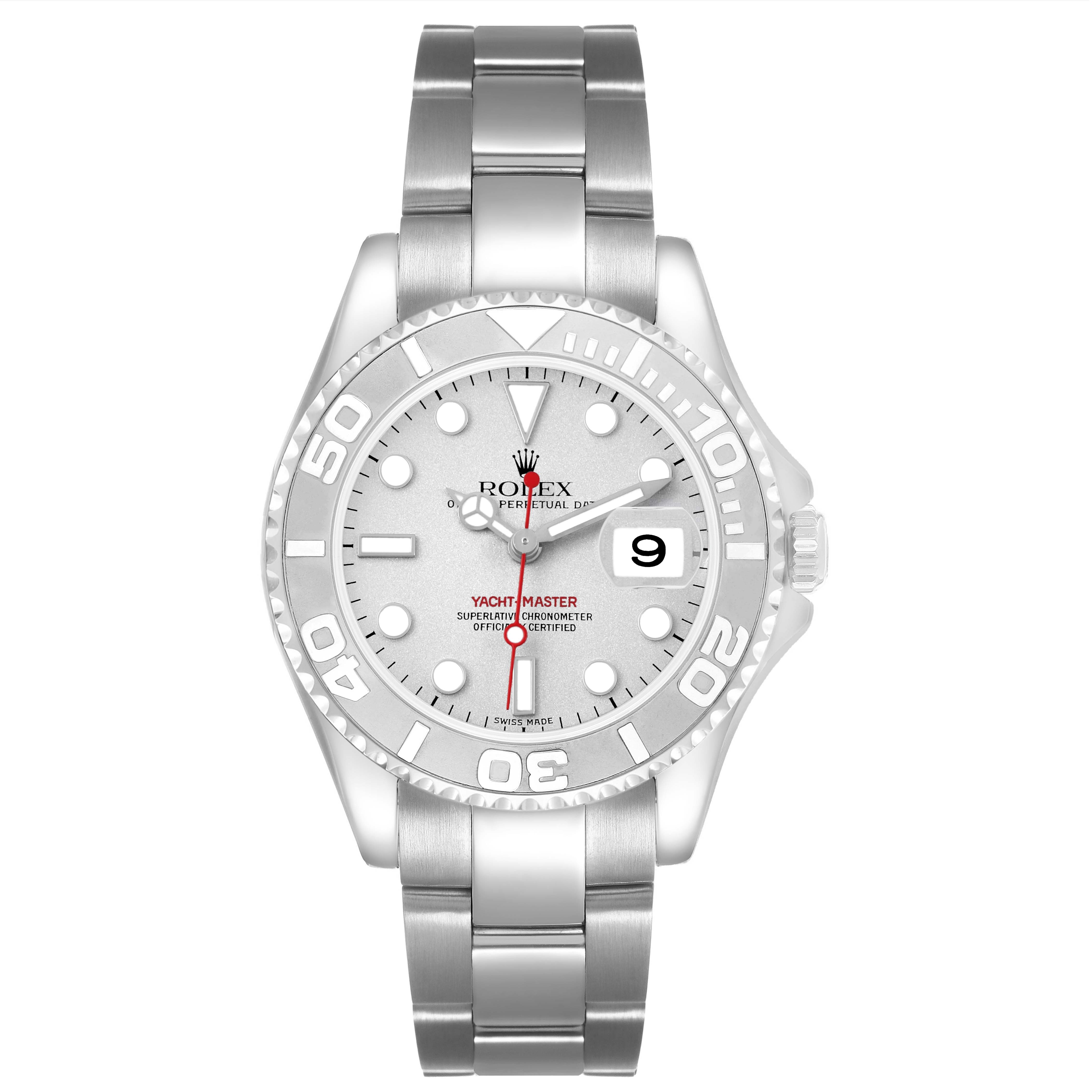 The Rolex Yacht-Master 168622 Men's Stainless Steel Silver Dial watch is shown from a top-down angle, displaying its full face, bezel, and bracelet.