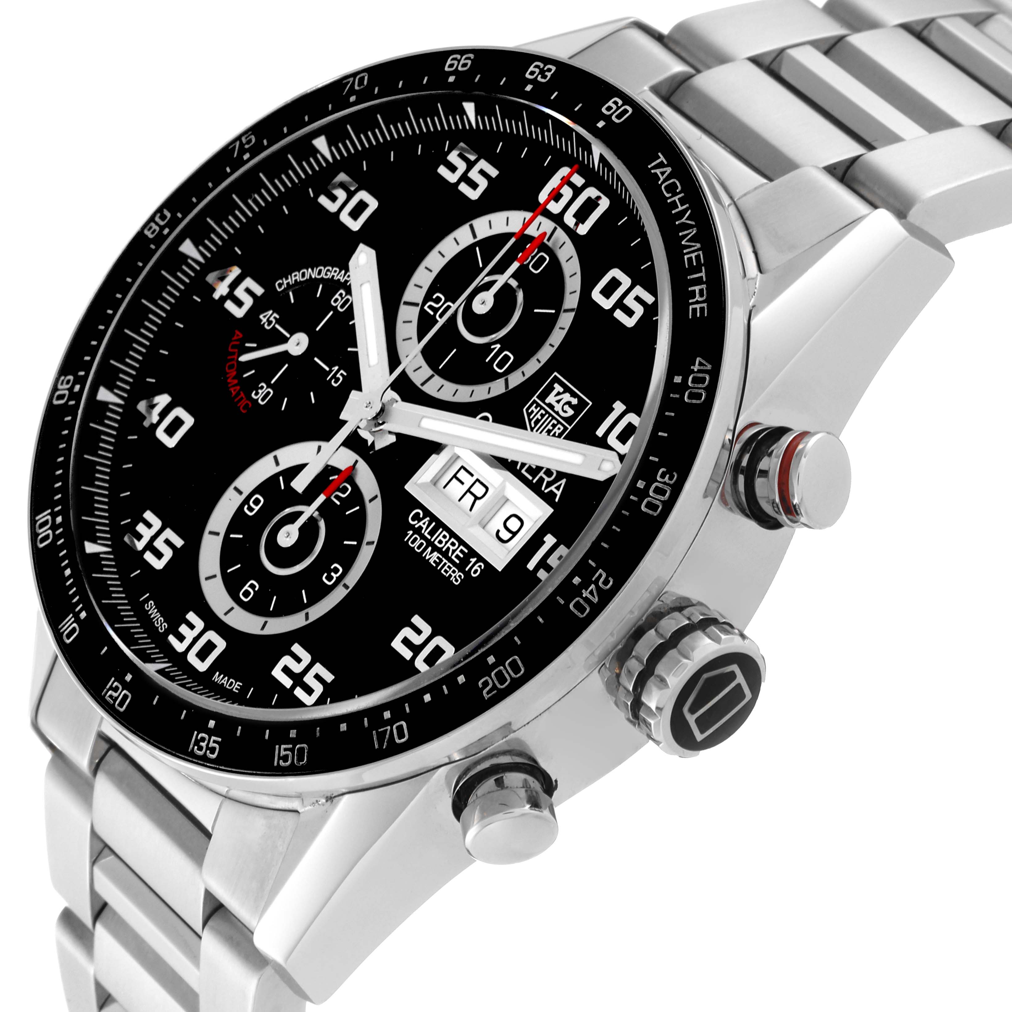 The image shows a close-up, angled view of a Tag Heuer Carrera CV2A1R.BA0799 Men's Stainless Steel Black Dial CV2A1R.BA0799 Men's Stainless Steel Black Dial watch, focusing on the dial, bezel, and metal bracelet.