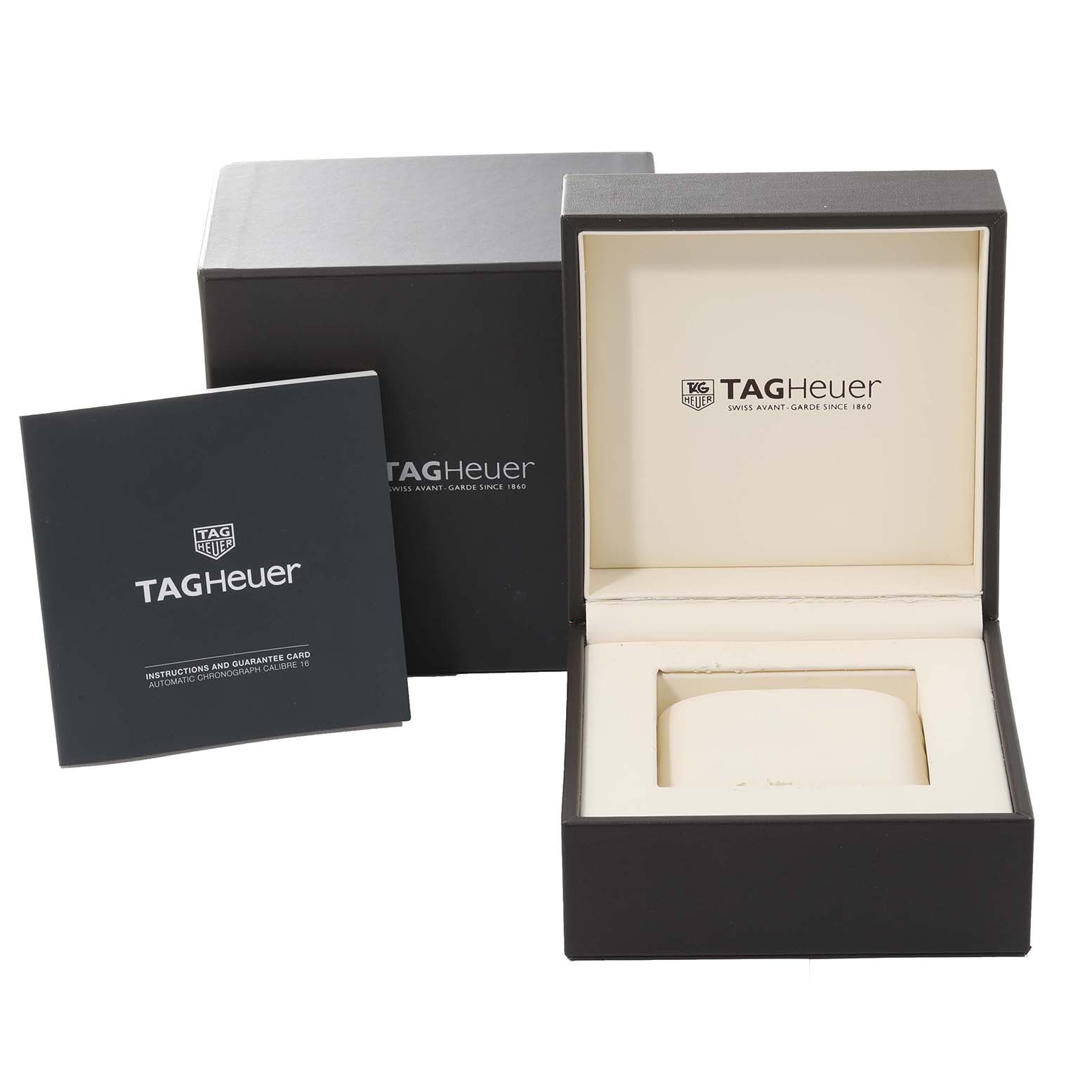 The image shows the packaging box, inner box, and instruction booklet for the Tag Heuer Carrera CV2A1R.BA0799 Men's Stainless Steel Black Dial CV2A1R.BA0799 Men's Stainless Steel Black Dial watch.