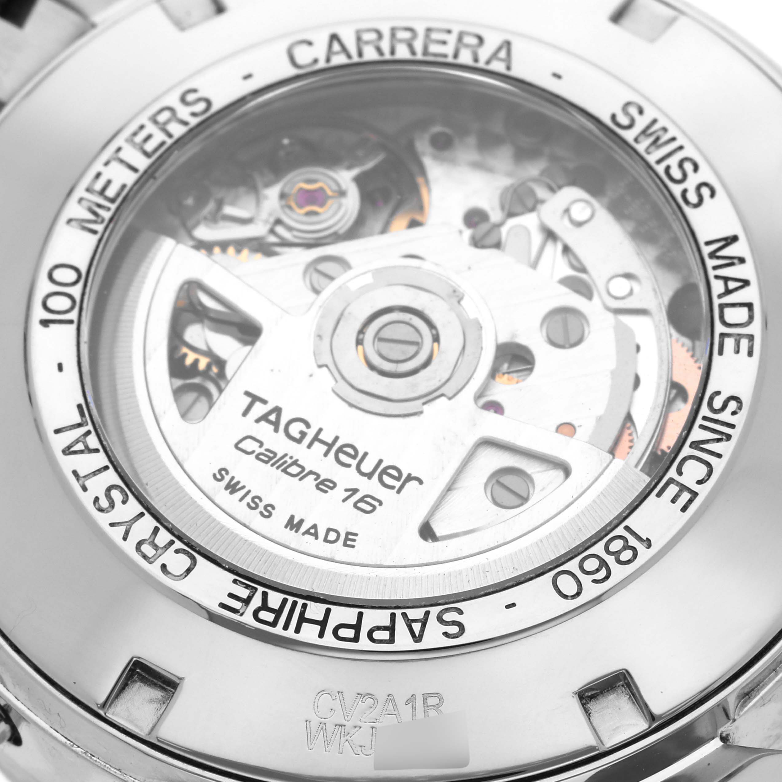 This image shows the back view of a Tag Heuer Carrera CV2A1R.BA0799 Men's Stainless Steel Black Dial CV2A1R.BA0799 Men's Stainless Steel Black Dial watch, revealing the internal mechanism and engraved details.