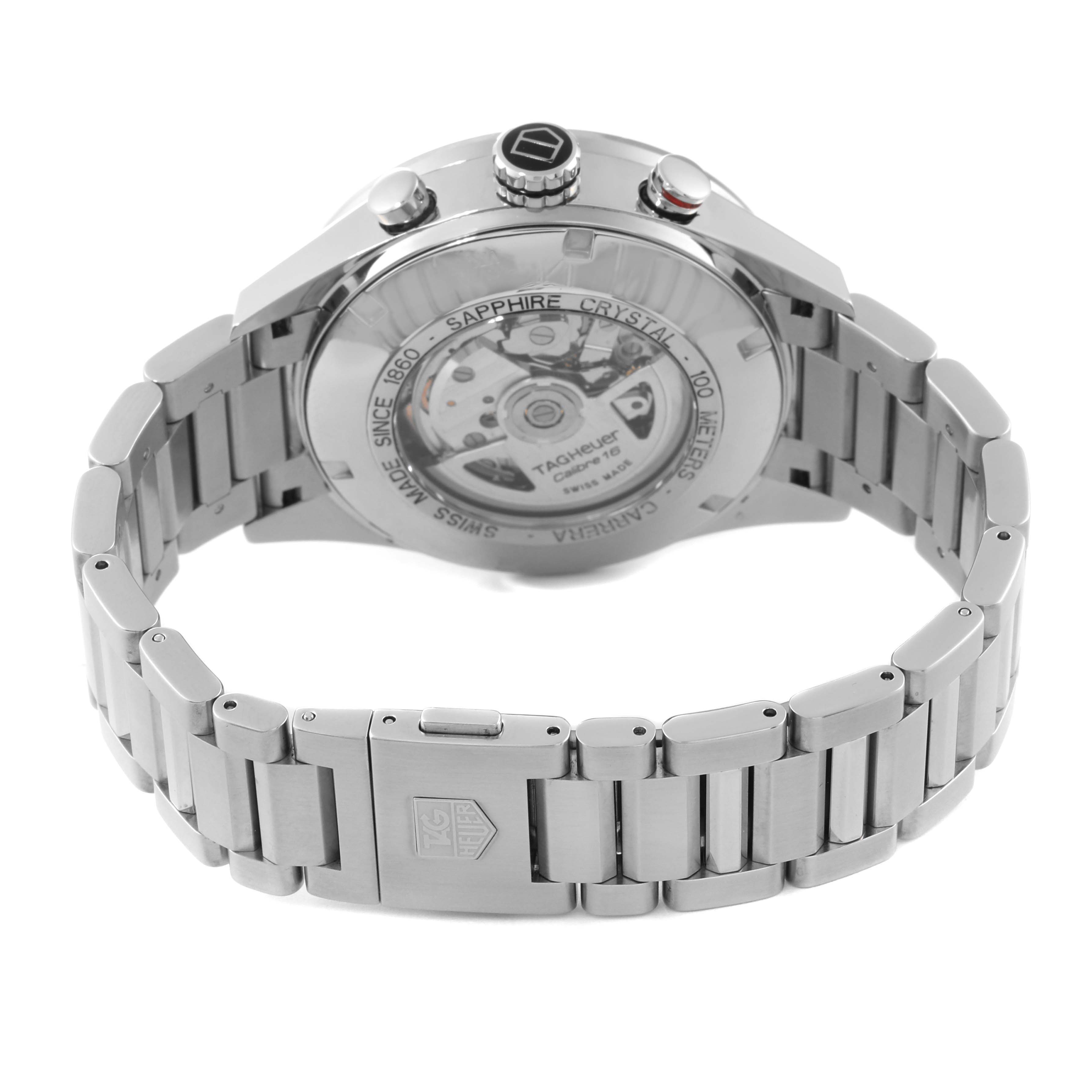 This image shows the back view and bracelet of the Carrera model by Tag Heuer, displaying its sapphire crystal and movement.
