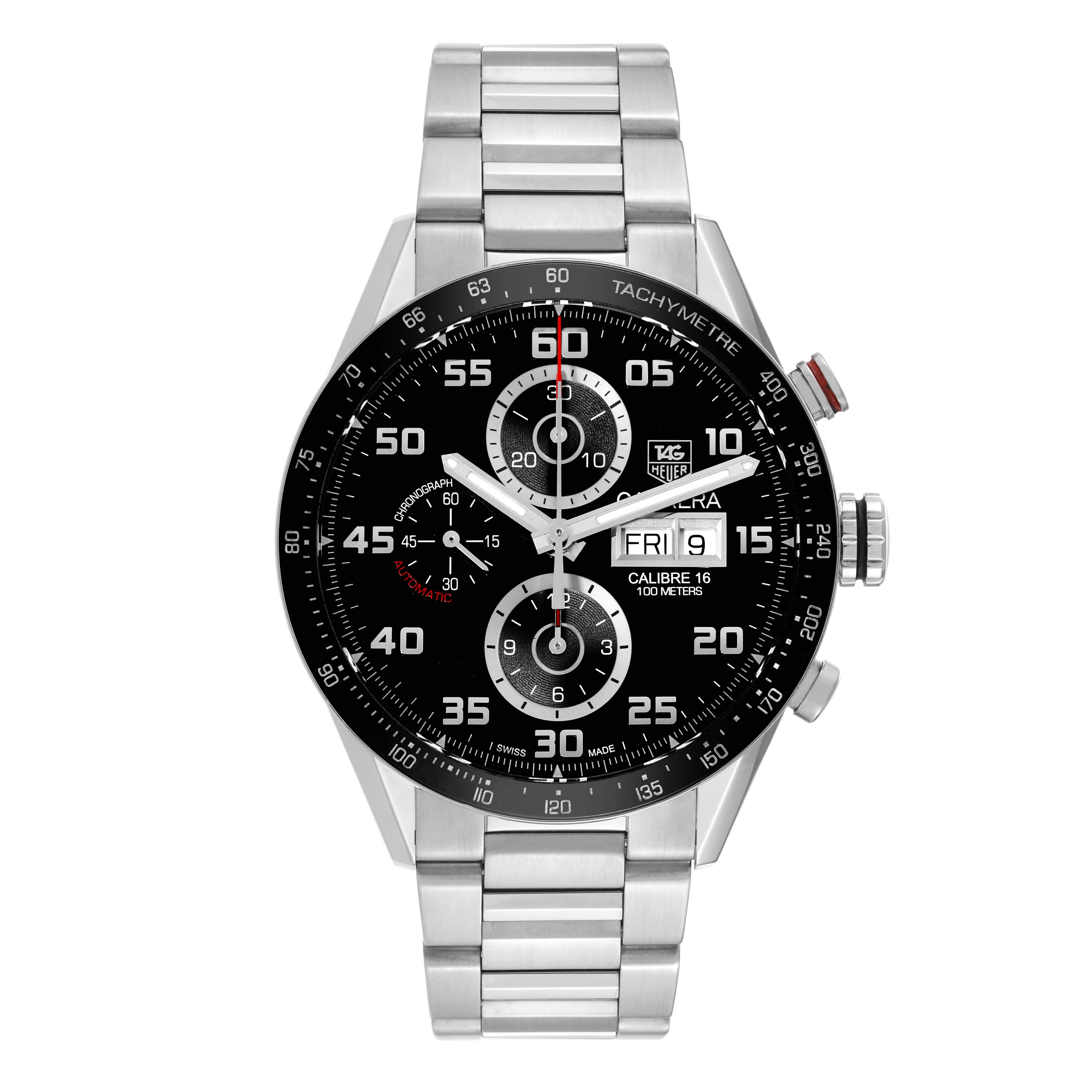 The image shows a front angle of the Tag Heuer Carrera CV2A1R.BA0799 Men's Stainless Steel Black Dial CV2A1R.BA0799 Men's Stainless Steel Black Dial model, highlighting its black dial, chronograph features, and metal bracelet.
