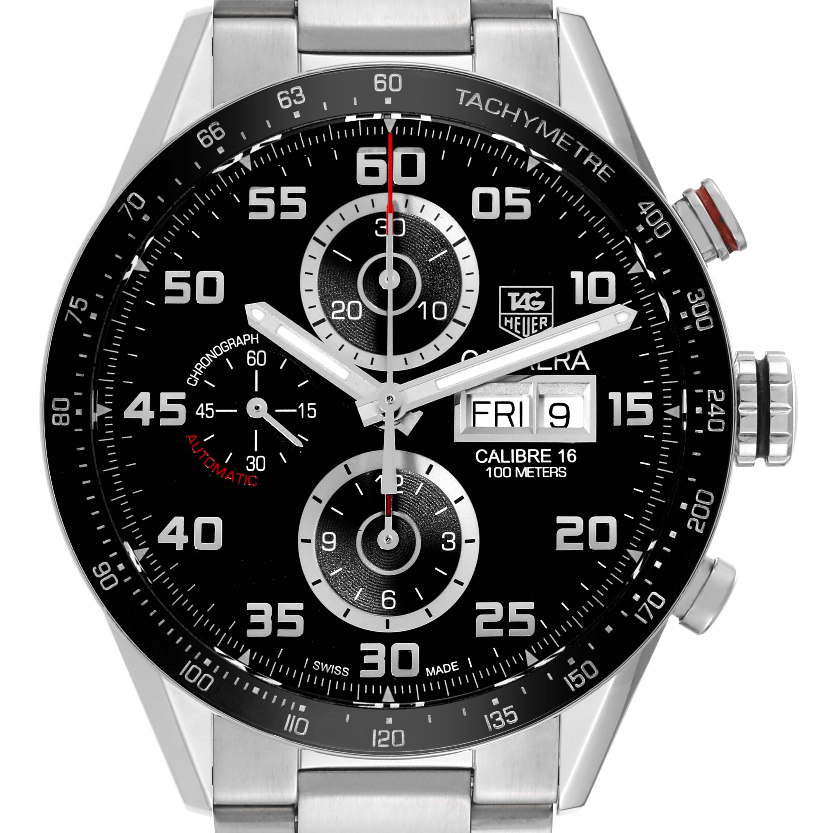 The Tag Heuer Carrera CV2A1R.BA0799 Men's Stainless Steel Black Dial CV2A1R.BA0799 Men's Stainless Steel Black Dial watch is shown from the front, highlighting the dial, chronograph subdials, bezel, and bracelet.